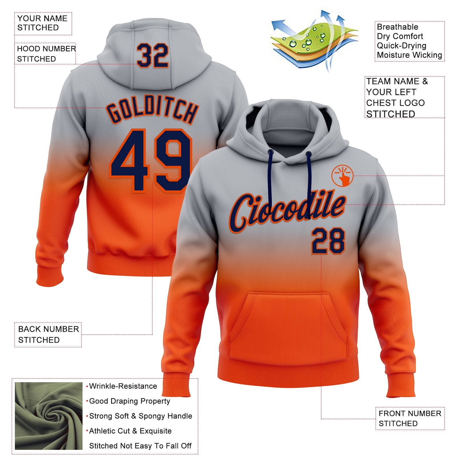 Custom Stitched Gray Navy-Orange Fade Fashion Sports Pullover Sweatshirt Hoodie view 2