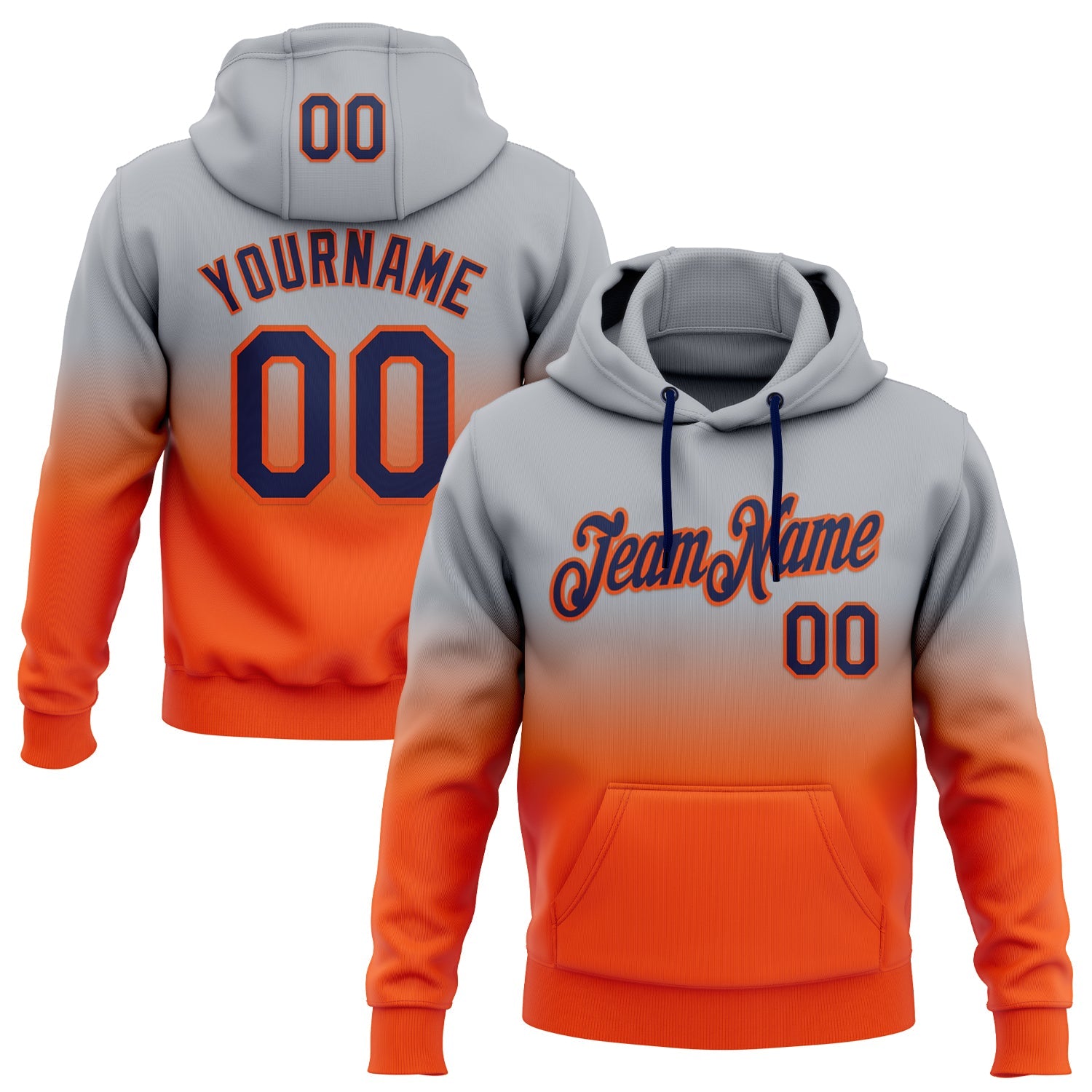 Custom Stitched Gray Navy-Orange Fade Fashion Sports Pullover Sweatshirt Hoodie - Main View