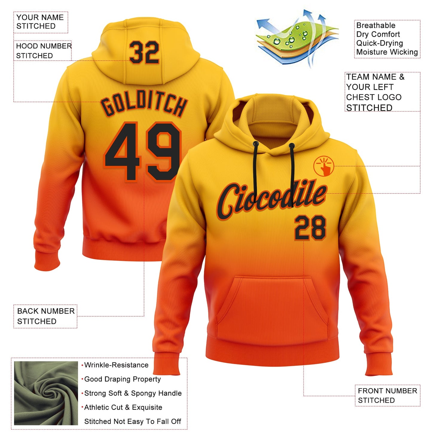 Custom Stitched Gold Black-Orange Fade Fashion Sports Pullover Sweatshirt Hoodie view 2