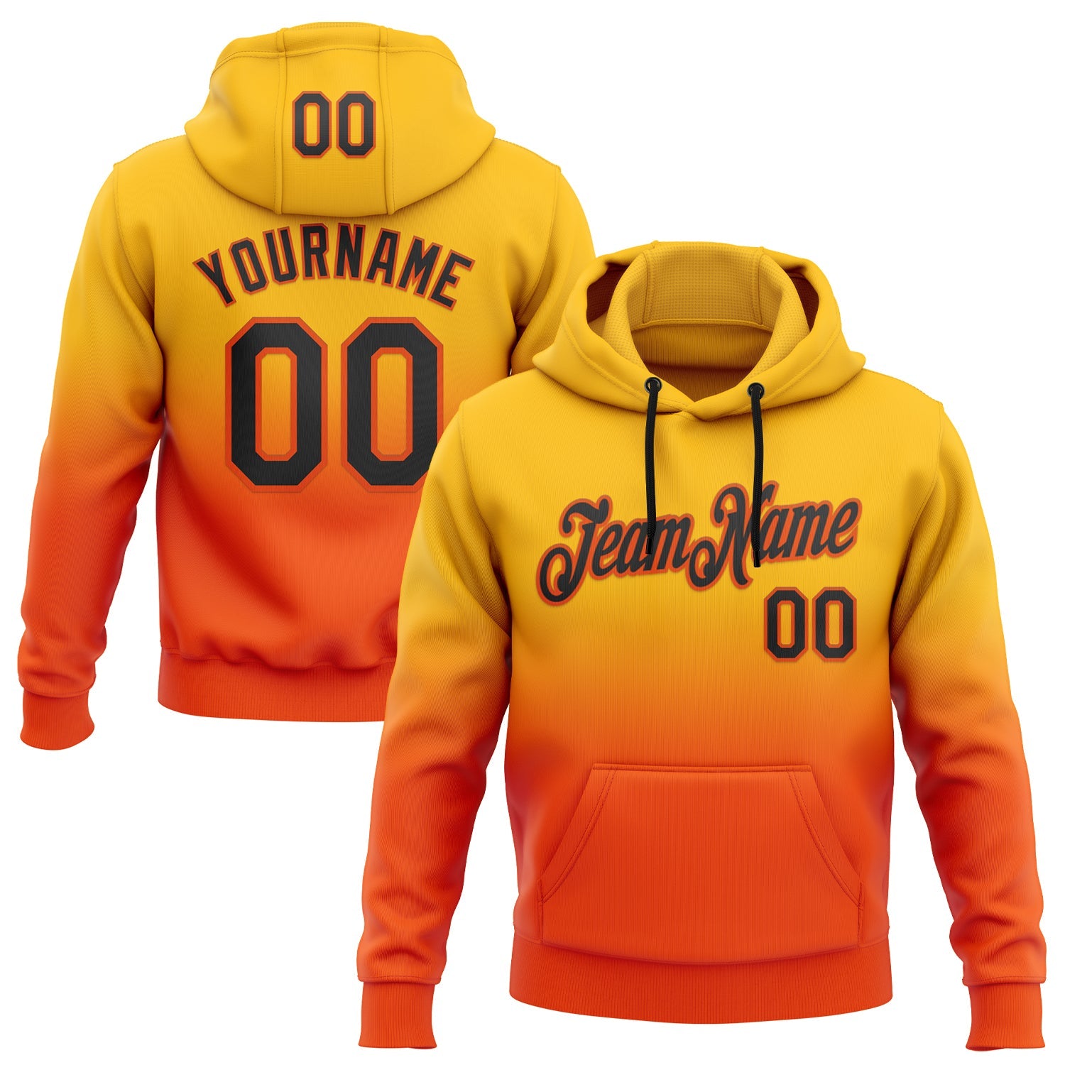 Custom Stitched Gold Black-Orange Fade Fashion Sports Pullover Sweatshirt Hoodie - Main View