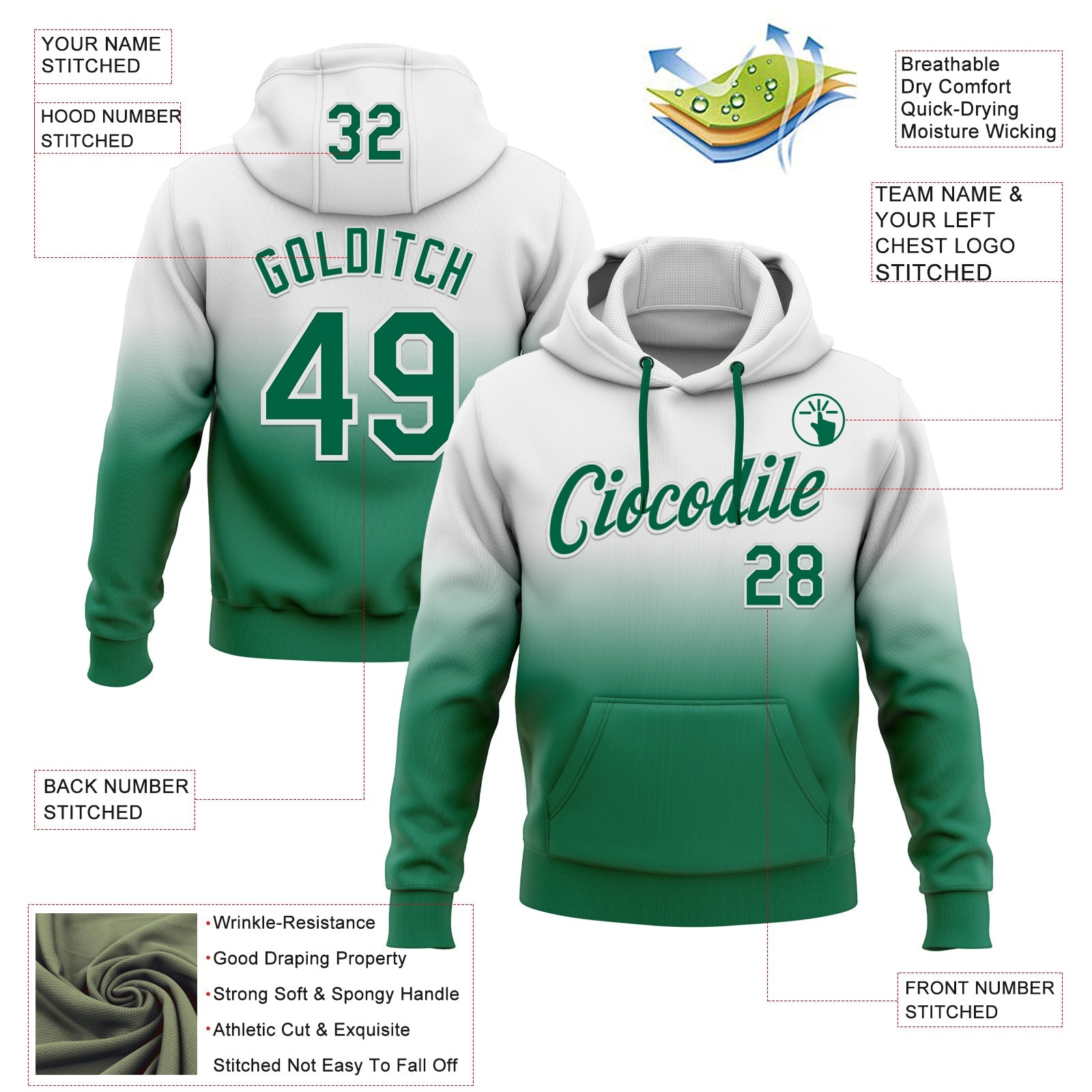 Custom Stitched White Kelly Green Fade Fashion Sports Pullover Sweatshirt Hoodie view 2