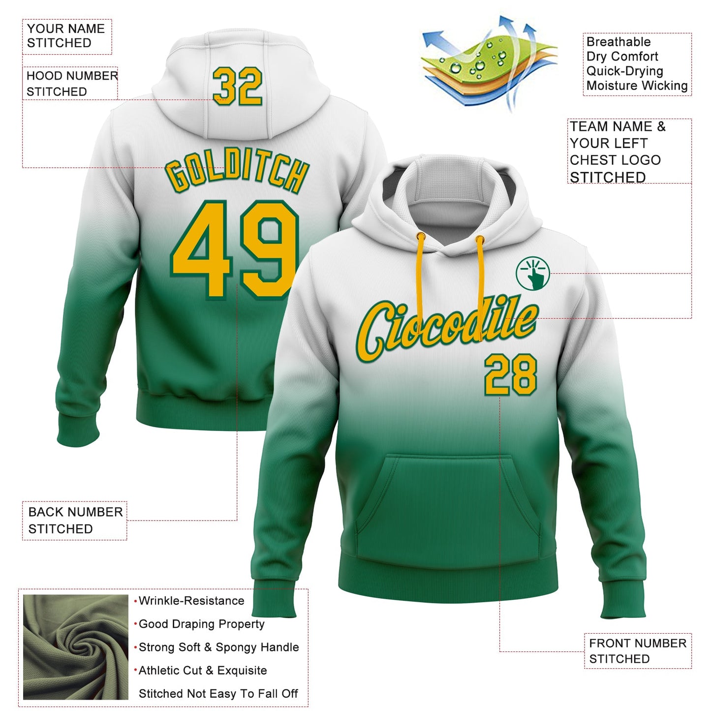 Custom Stitched White Gold-Kelly Green Fade Fashion Sports Pullover Sweatshirt Hoodie view 2