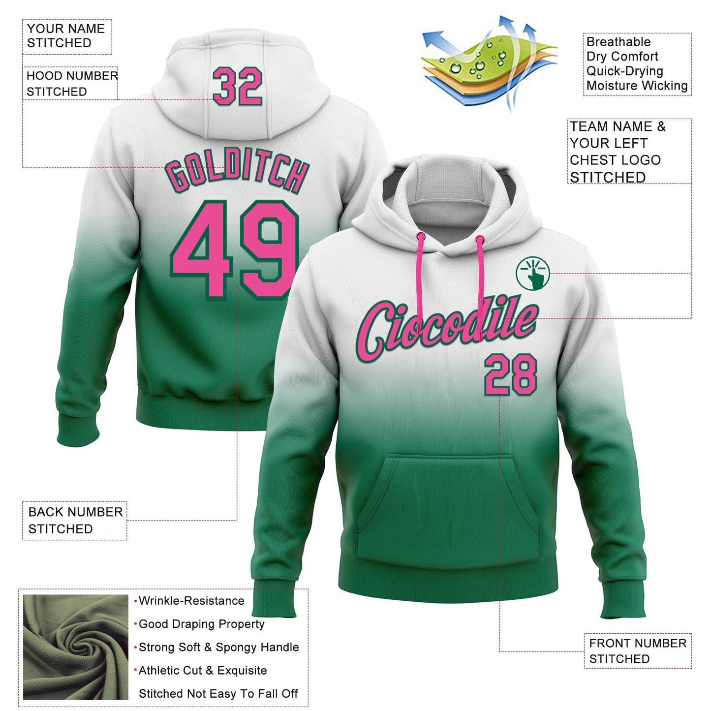Custom Stitched White Pink-Kelly Green Fade Fashion Sports Pullover Sweatshirt Hoodie view 2