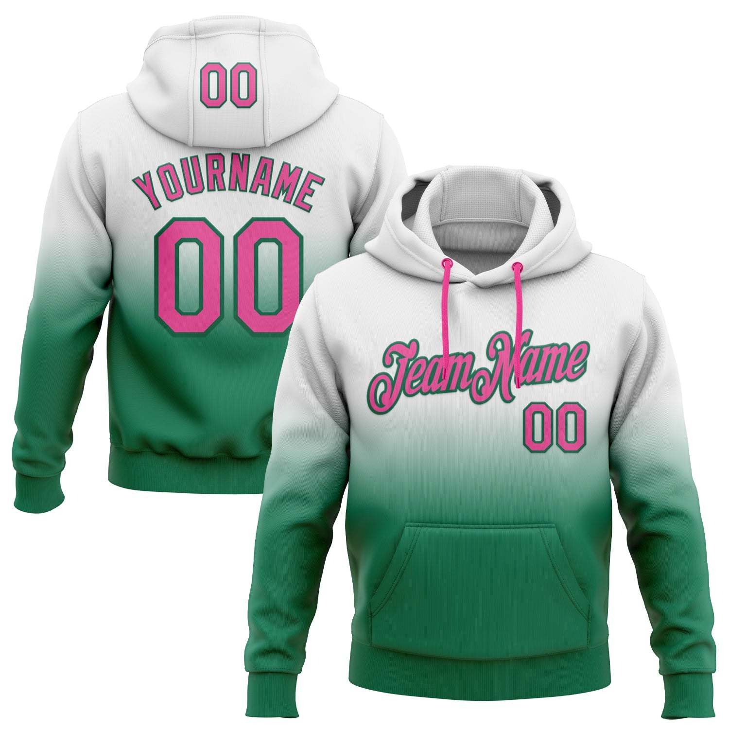 Custom Stitched White Pink-Kelly Green Fade Fashion Sports Pullover Sweatshirt Hoodie - Main View
