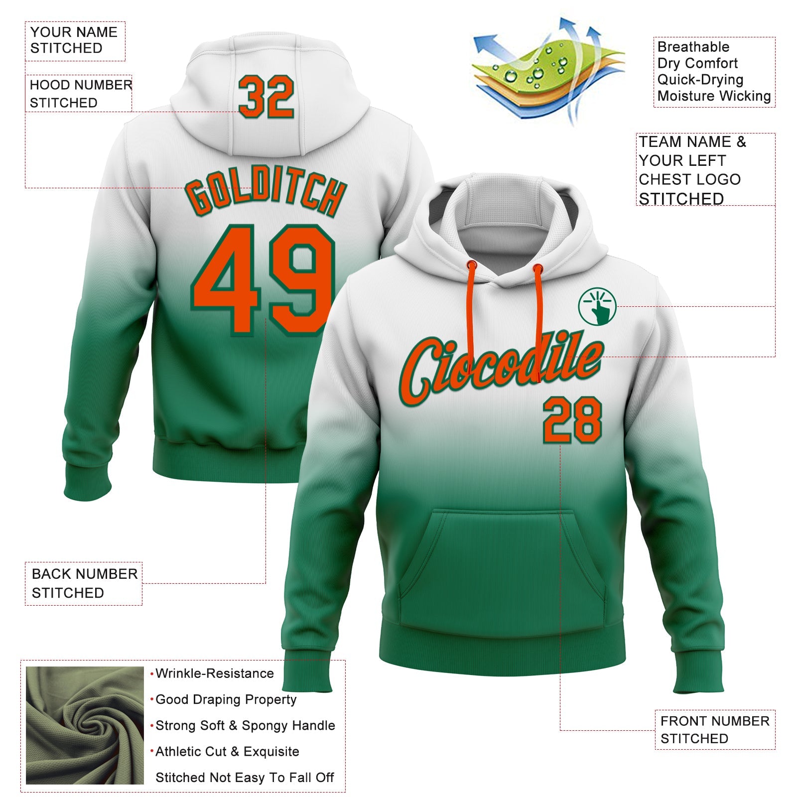 Custom Stitched White Orange-Kelly Green Fade Fashion Sports Pullover Sweatshirt Hoodie view 2