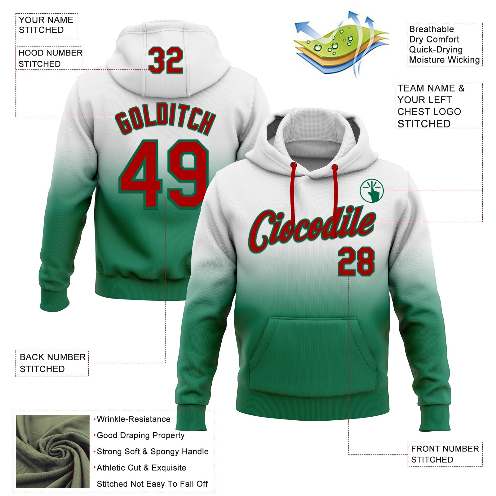 Custom Stitched White Red-Kelly Green Fade Fashion Sports Pullover Sweatshirt Hoodie view 2