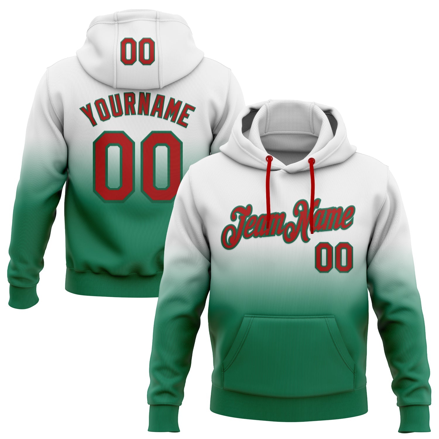 Custom Stitched White Red-Kelly Green Fade Fashion Sports Pullover Sweatshirt Hoodie - Main View