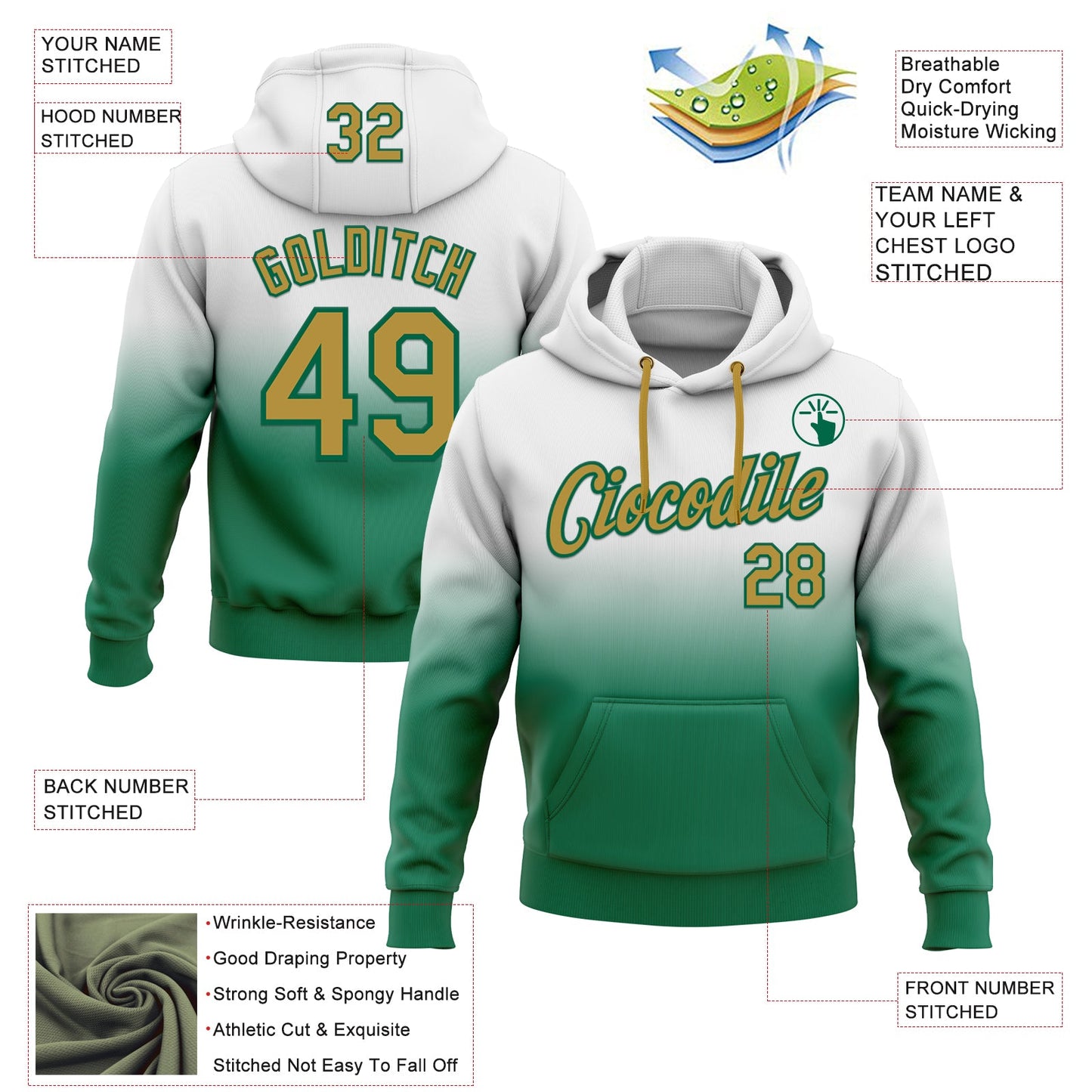 Custom Stitched White Old Gold-Kelly Green Fade Fashion Sports Pullover Sweatshirt Hoodie view 2