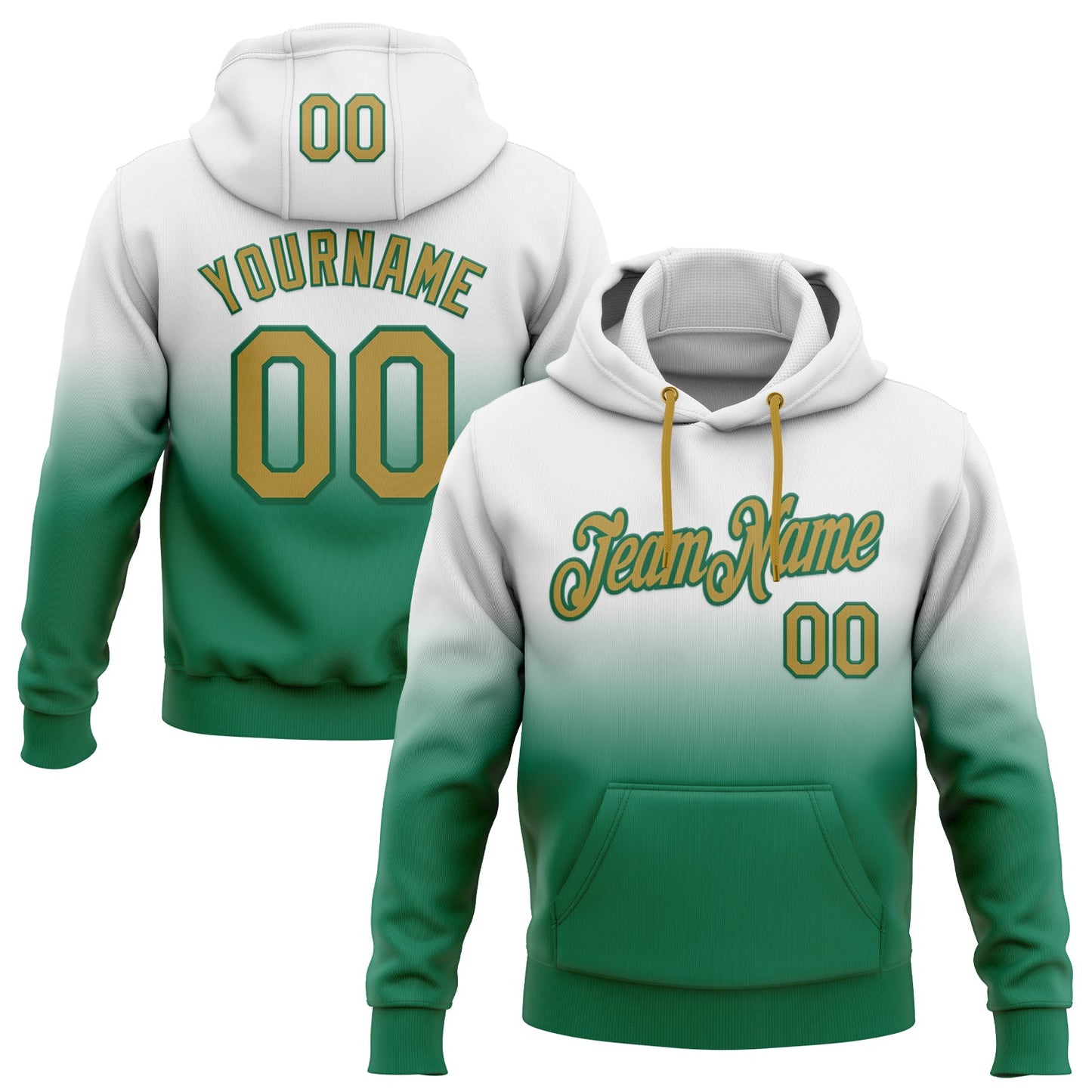 Custom Stitched White Old Gold-Kelly Green Fade Fashion Sports Pullover Sweatshirt Hoodie - Main View