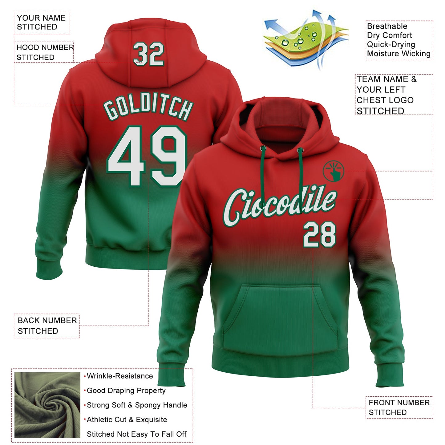 Custom Stitched Red White-Kelly Green Fade Fashion Sports Pullover Sweatshirt Hoodie view 2