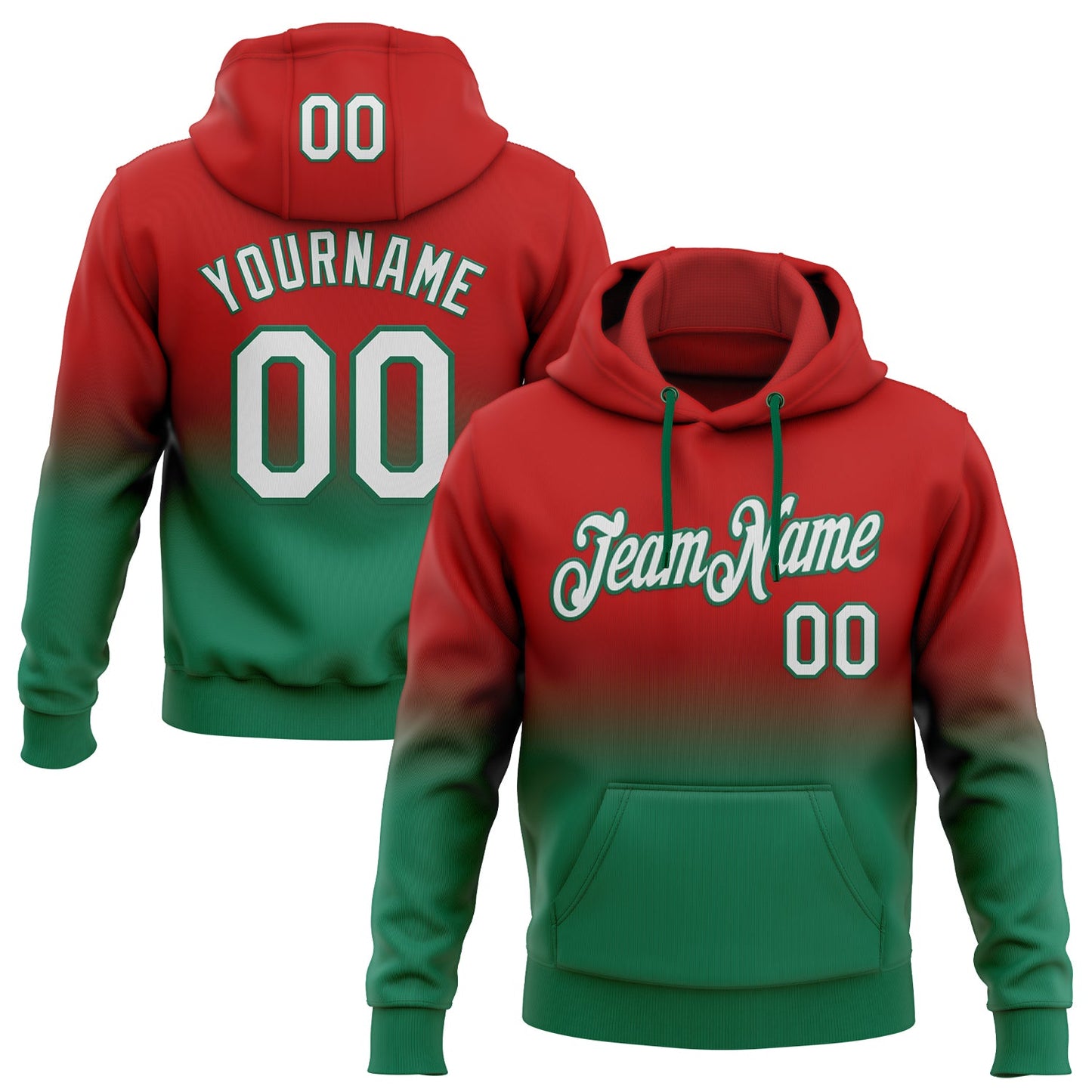 Custom Stitched Red White-Kelly Green Fade Fashion Sports Pullover Sweatshirt Hoodie - Main View