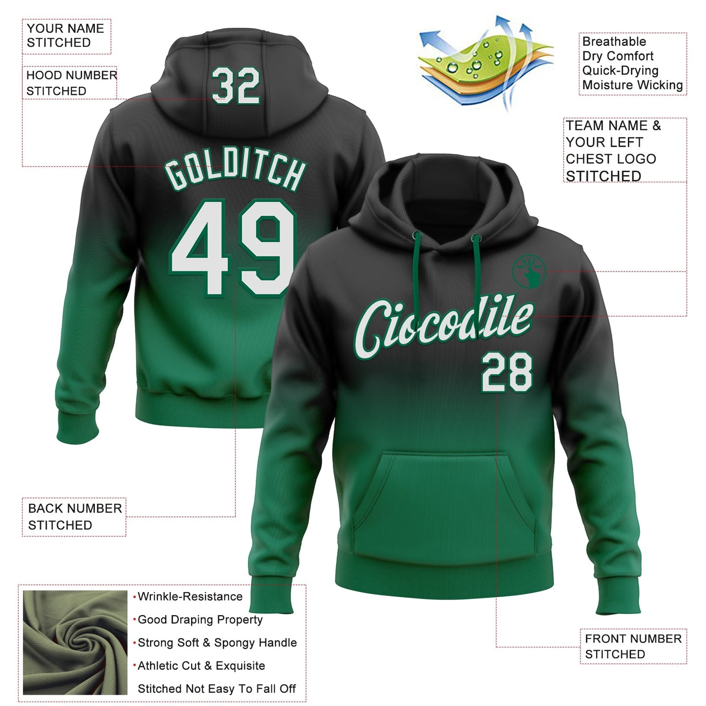 Custom Stitched Black White-Kelly Green Fade Fashion Sports Pullover Sweatshirt Hoodie view 2