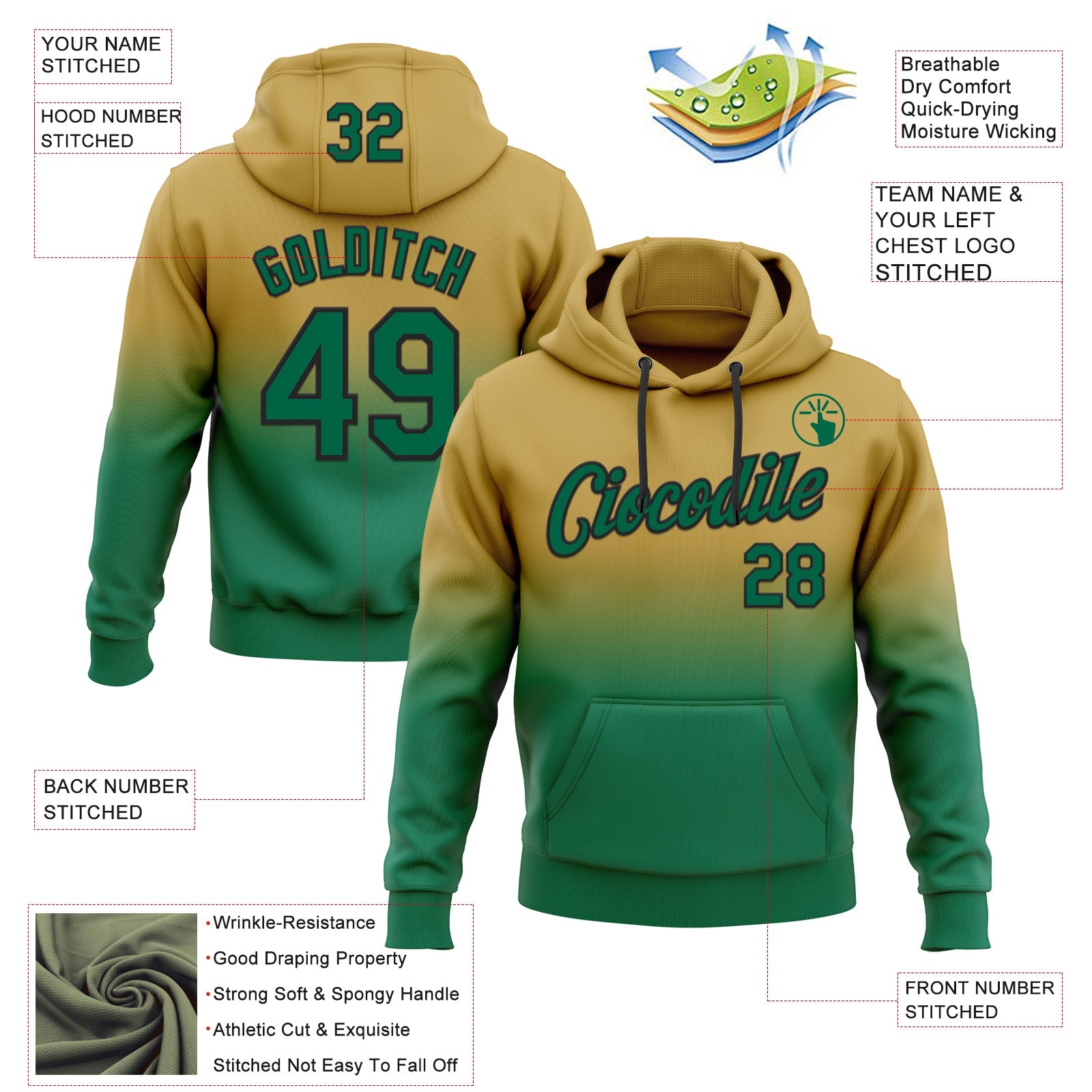 Custom Stitched Old Gold Kelly Green-Black Fade Fashion Sports Pullover Sweatshirt Hoodie view 2