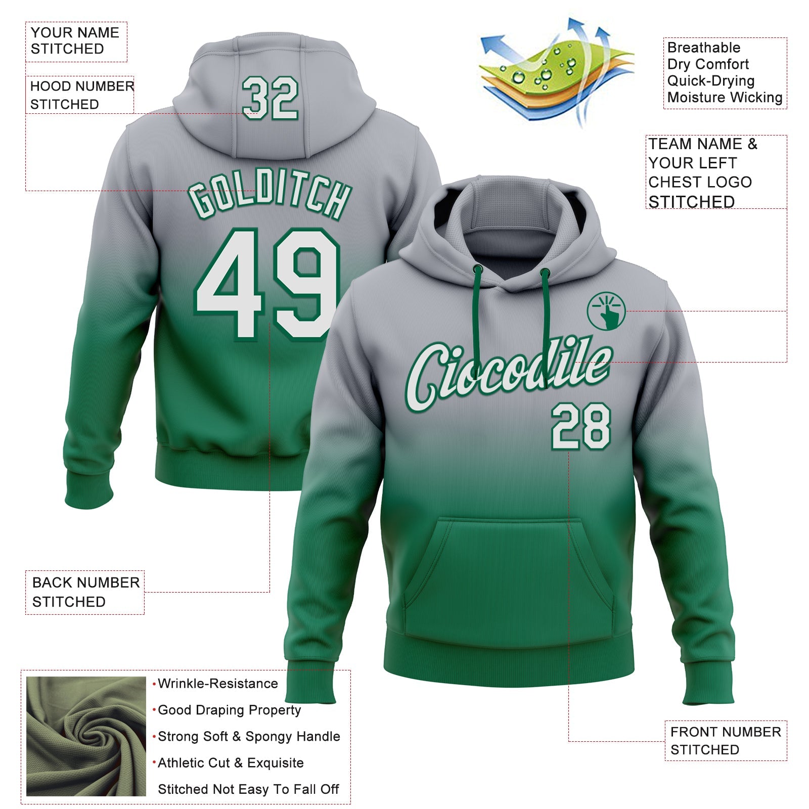Custom Stitched Gray White-Kelly Green Fade Fashion Sports Pullover Sweatshirt Hoodie view 2