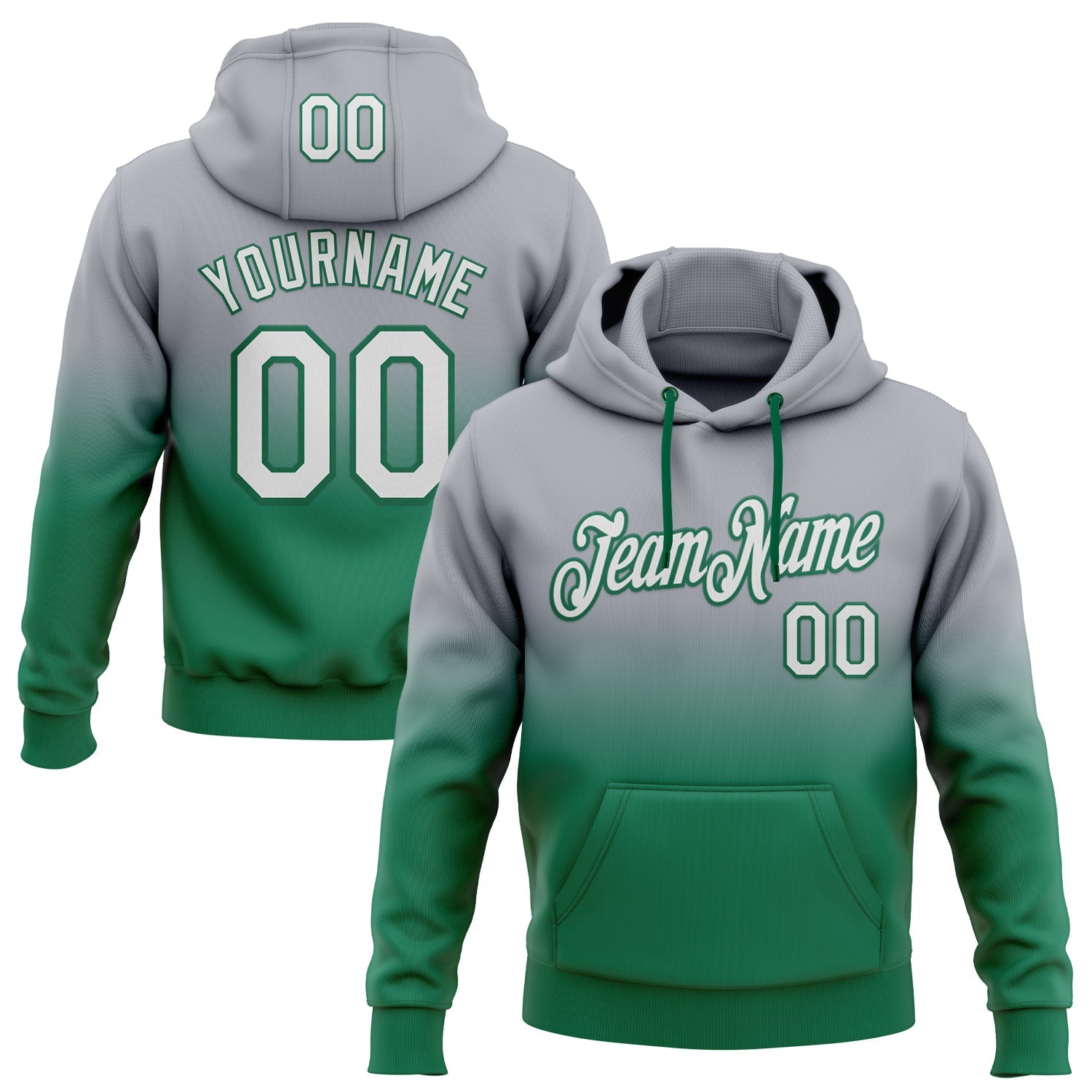 Custom Stitched Gray White-Kelly Green Fade Fashion Sports Pullover Sweatshirt Hoodie - Main View