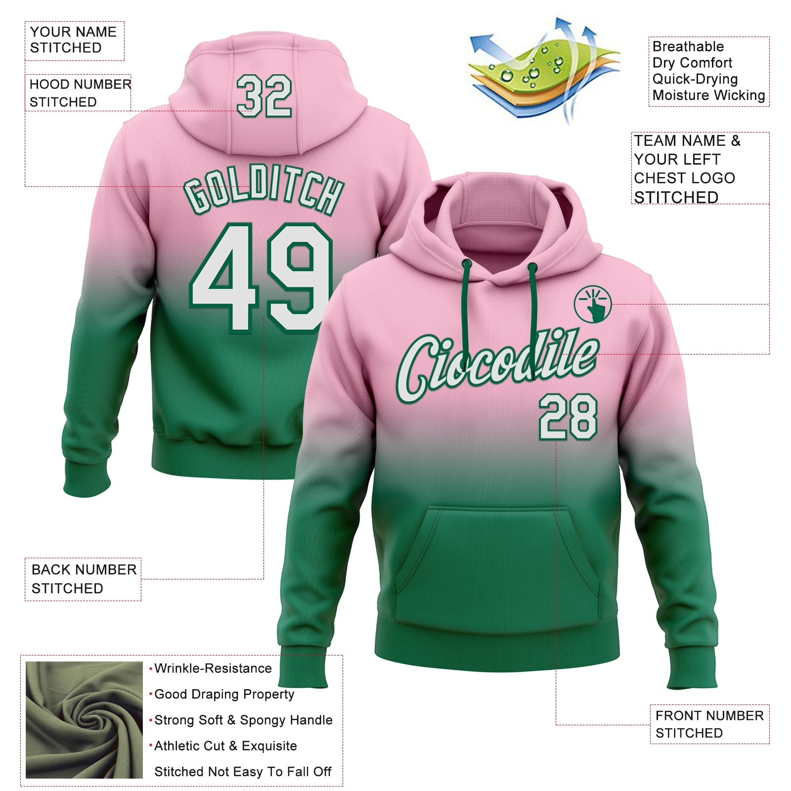 Custom Stitched Light Pink White-Kelly Green Fade Fashion Sports Pullover Sweatshirt Hoodie view 2