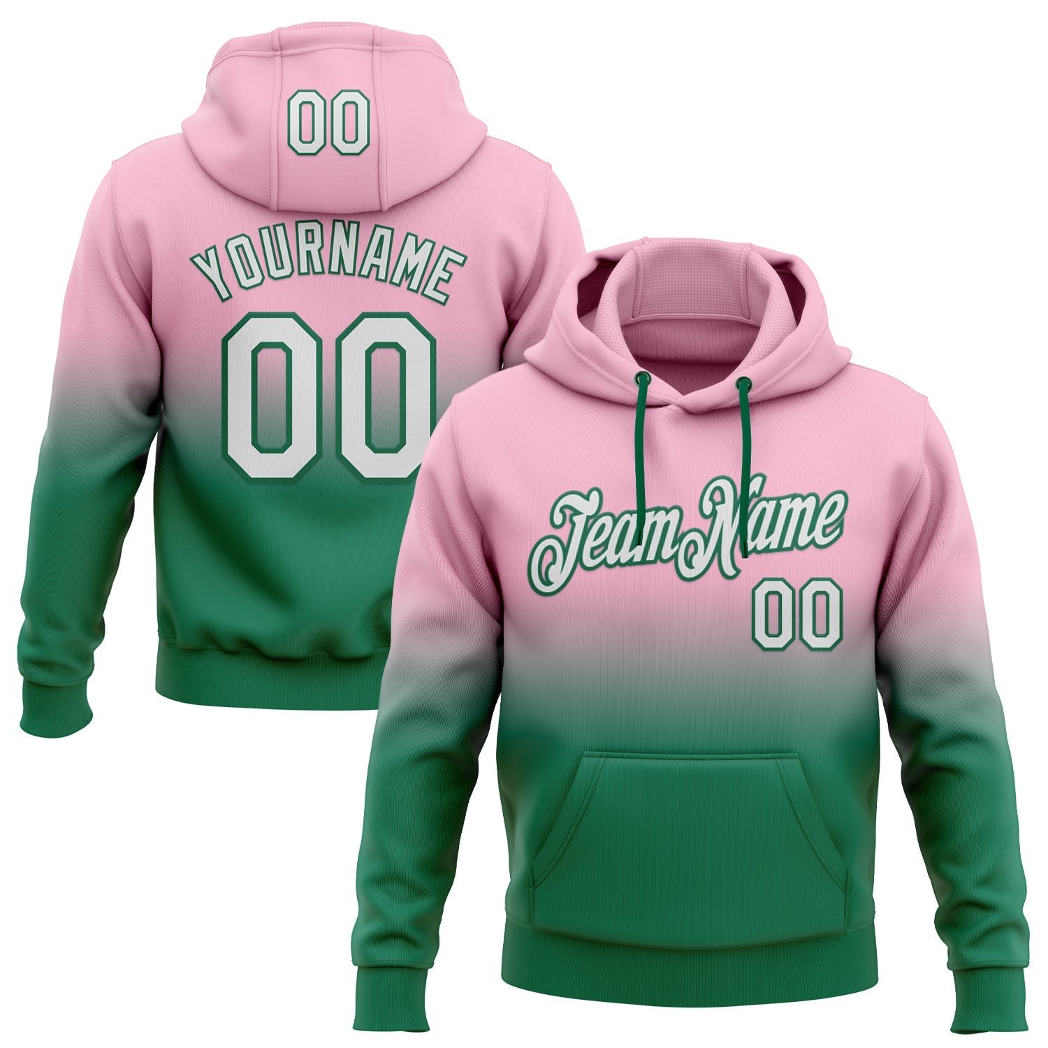 Custom Stitched Light Pink White-Kelly Green Fade Fashion Sports Pullover Sweatshirt Hoodie - Main View