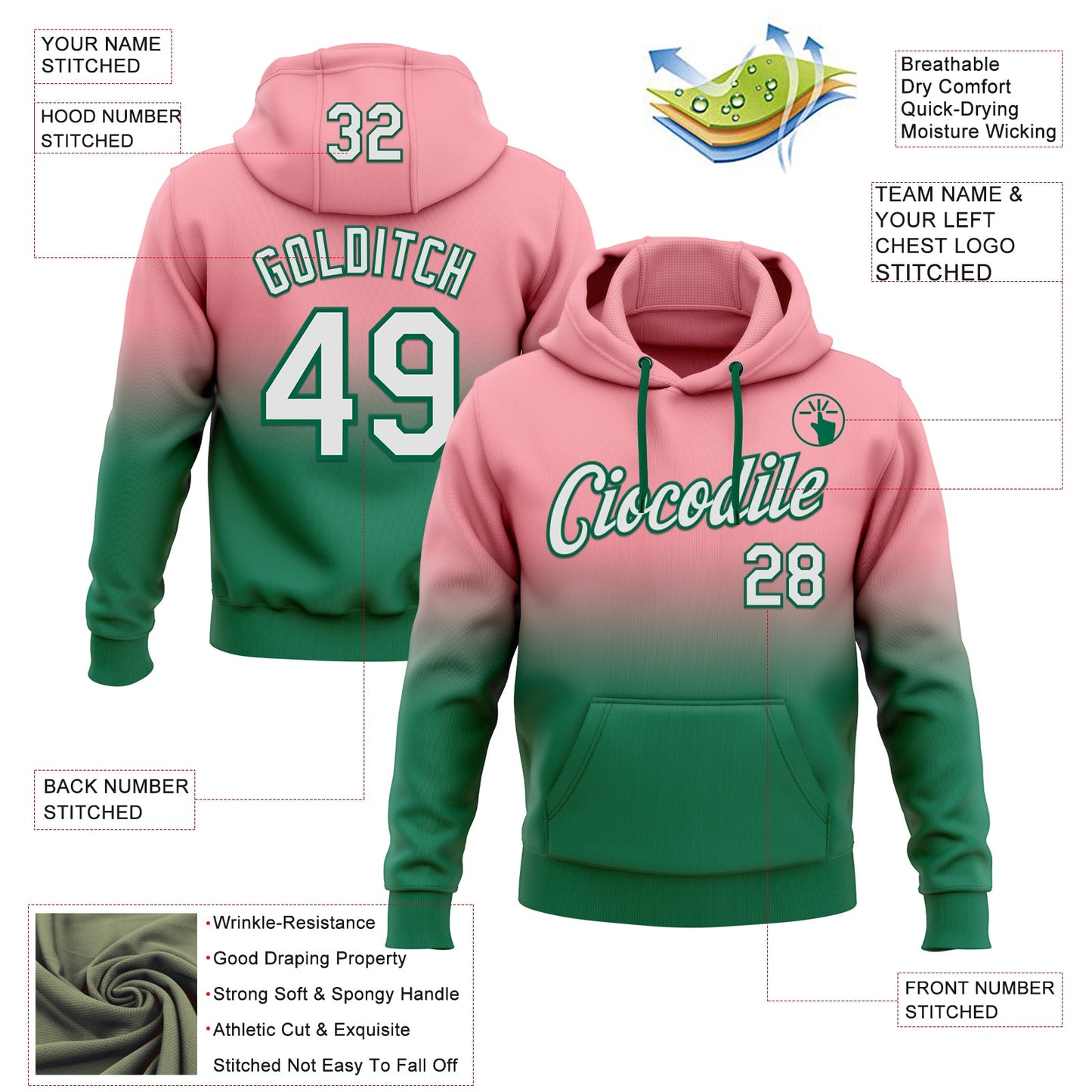 Custom Stitched Medium Pink White-Kelly Green Fade Fashion Sports Pullover Sweatshirt Hoodie view 2