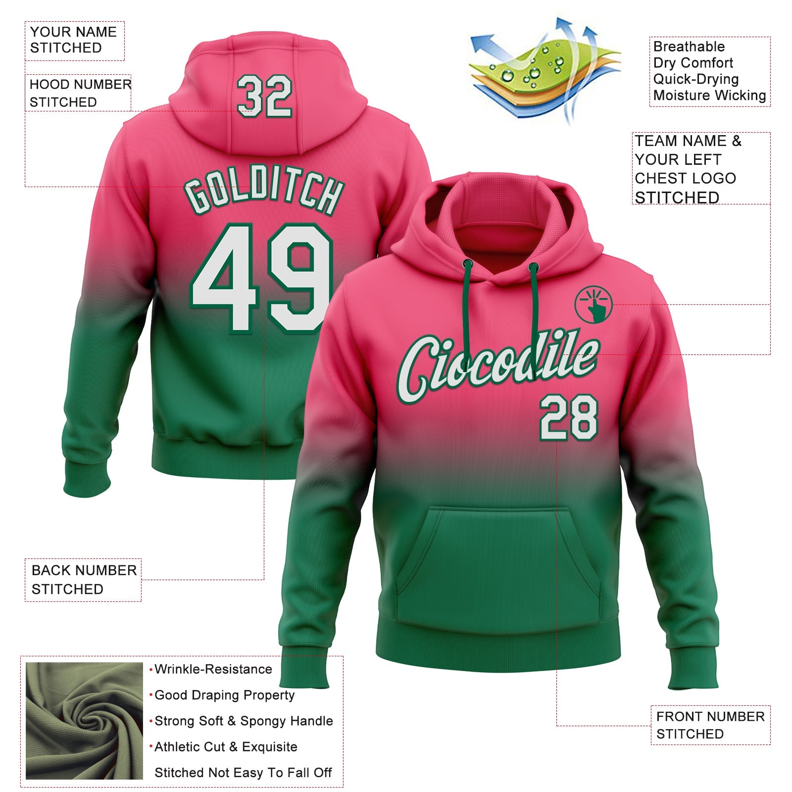 Custom Stitched Neon Pink White-Kelly Green Fade Fashion Sports Pullover Sweatshirt Hoodie view 2