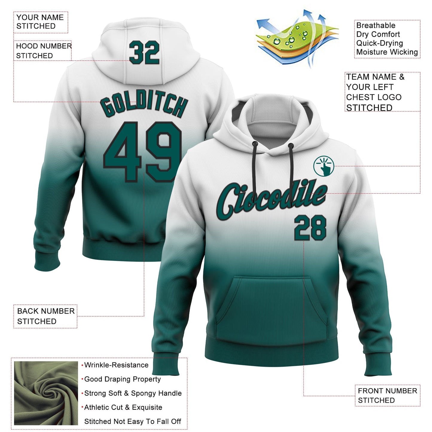 Custom Stitched White Midnight Green-Black Fade Fashion Sports Pullover Sweatshirt Hoodie view 2
