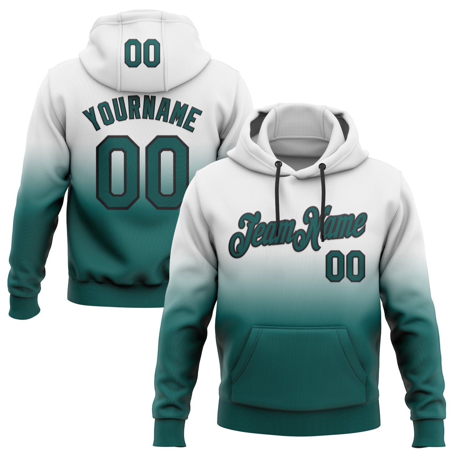 Custom Stitched White Midnight Green-Black Fade Fashion Sports Pullover Sweatshirt Hoodie - Main View