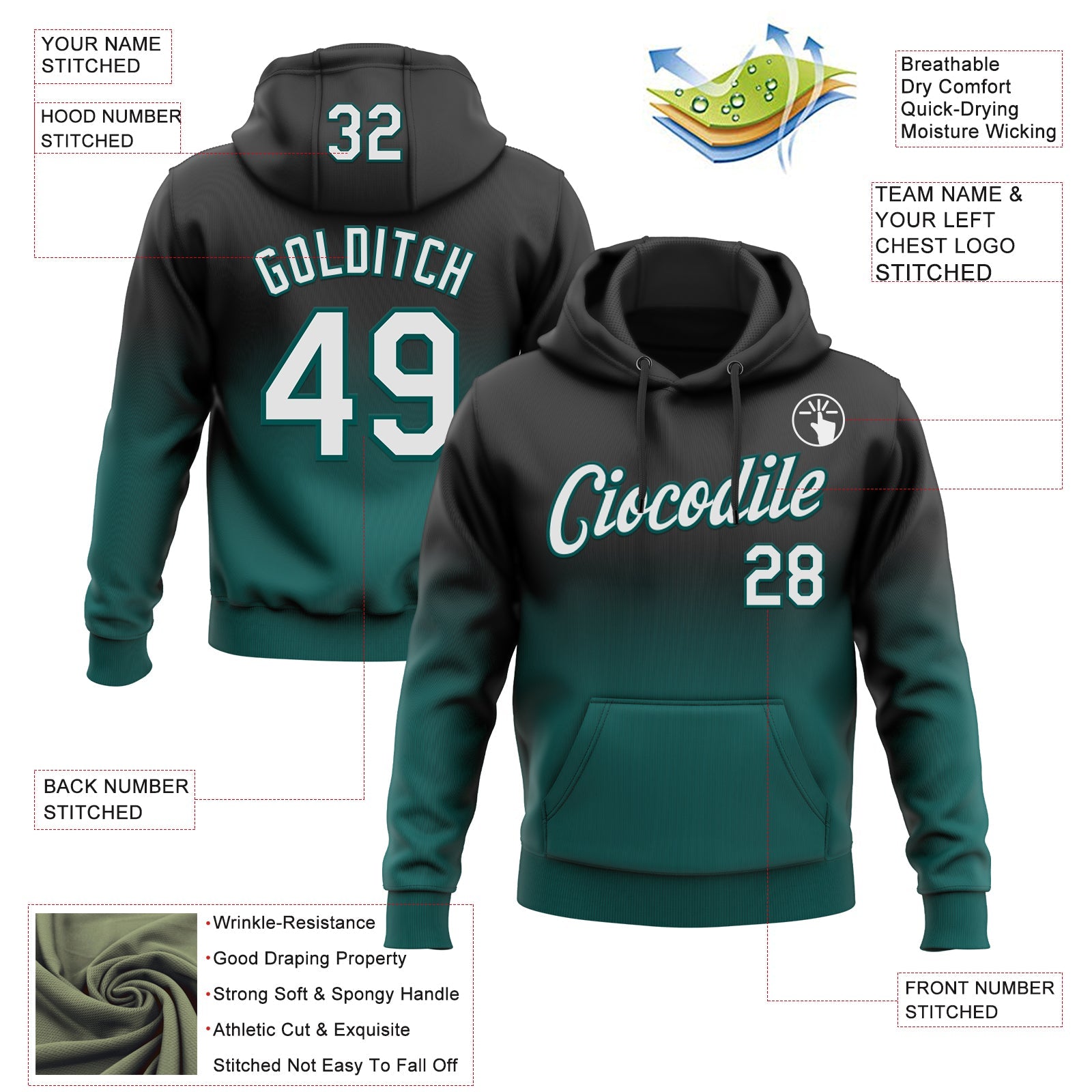 Custom Stitched Black White-Midnight Green Fade Fashion Sports Pullover Sweatshirt Hoodie view 2