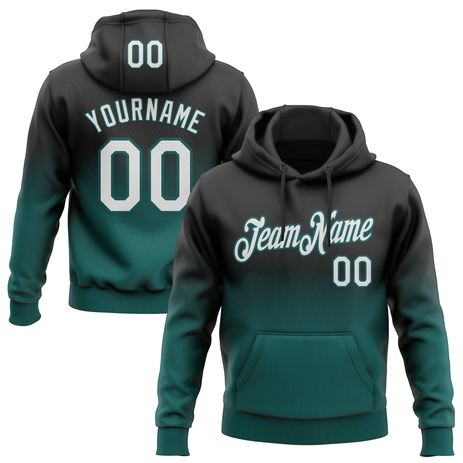 Custom Stitched Black White-Midnight Green Fade Fashion Sports Pullover Sweatshirt Hoodie - Main View