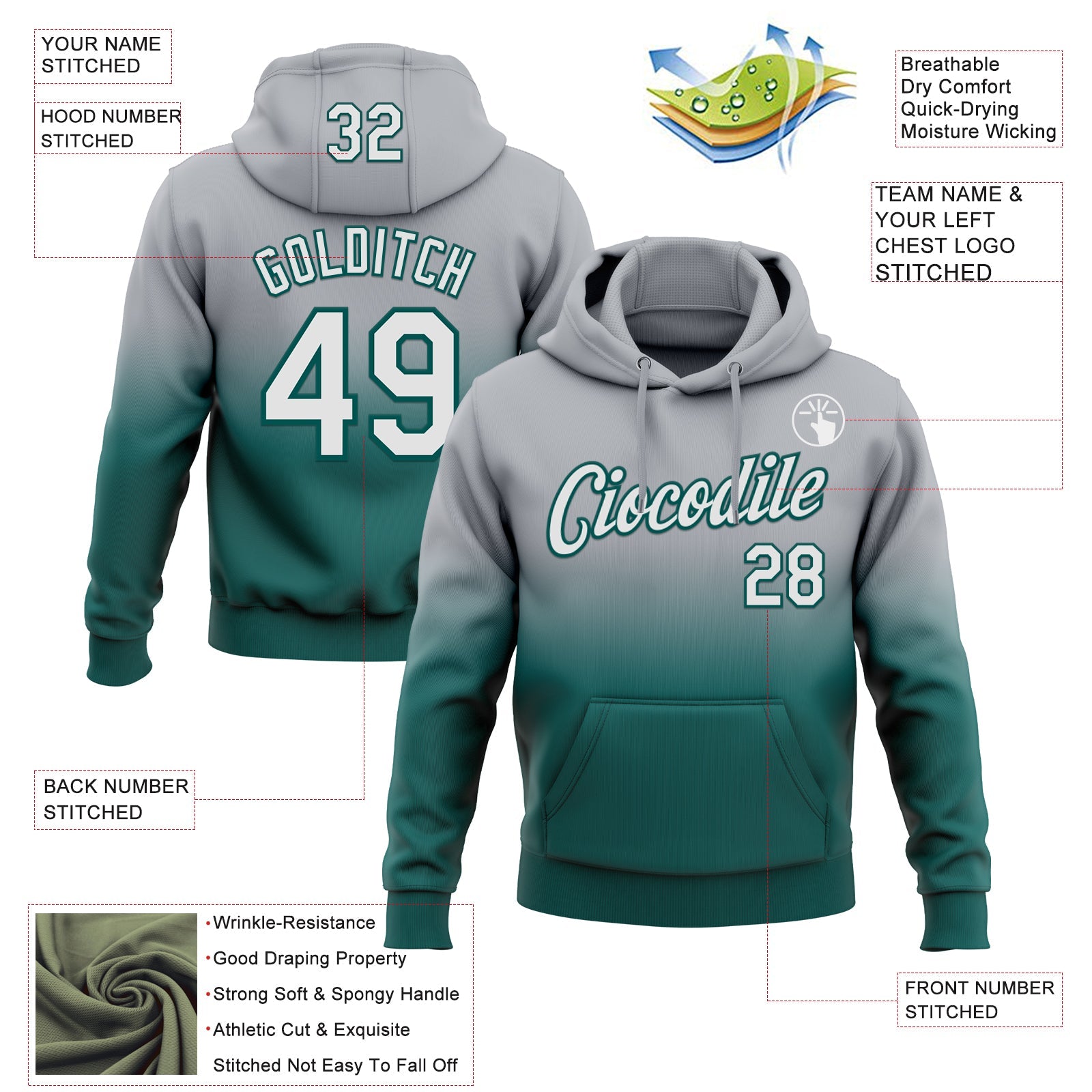 Custom Stitched Gray White-Midnight Green Fade Fashion Sports Pullover Sweatshirt Hoodie view 2