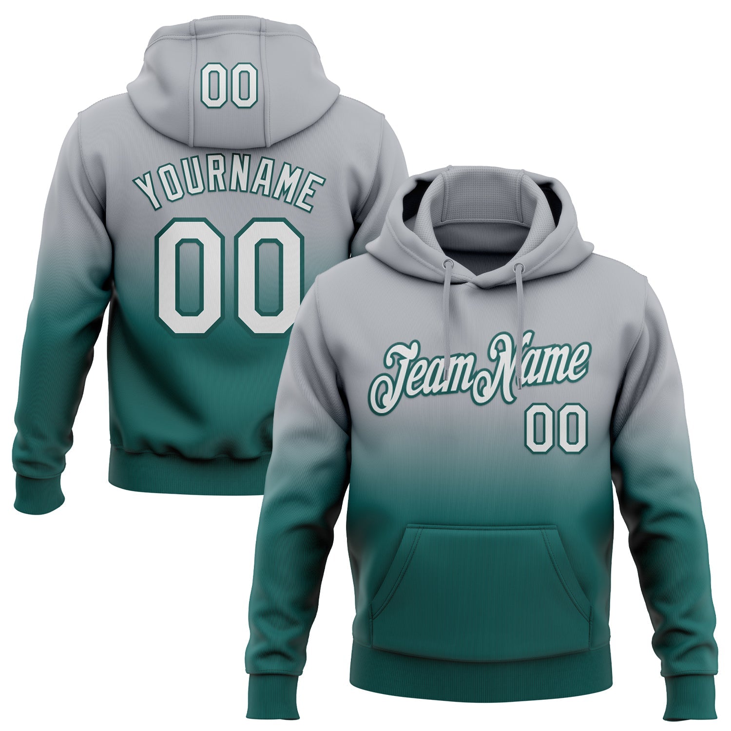 Custom Stitched Gray White-Midnight Green Fade Fashion Sports Pullover Sweatshirt Hoodie - Main View