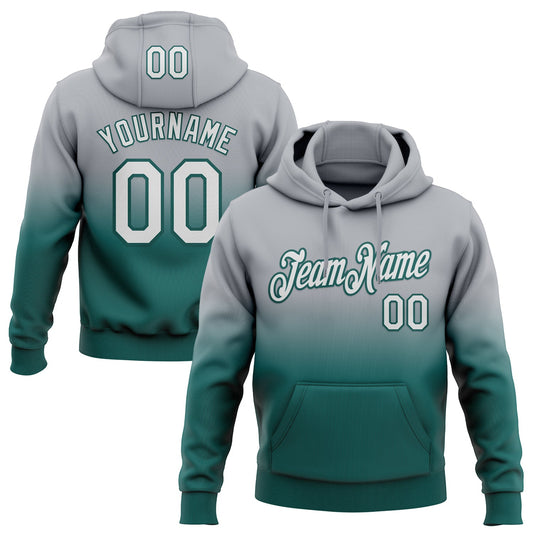 Custom Stitched Gray White-Midnight Green Fade Fashion Sports Pullover Sweatshirt Hoodie - Main View