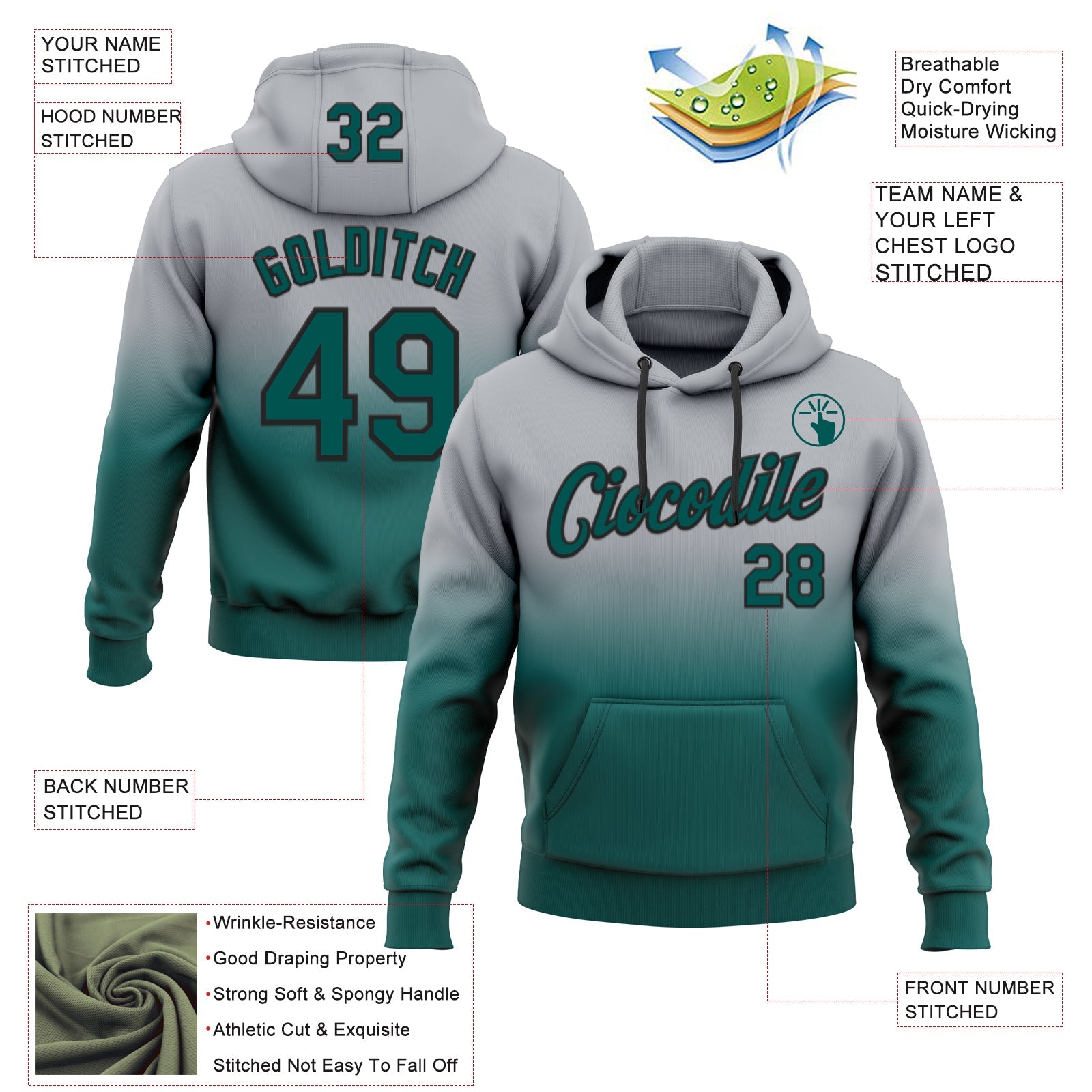 Custom Stitched Gray Midnight Green-Black Fade Fashion Sports Pullover Sweatshirt Hoodie view 2