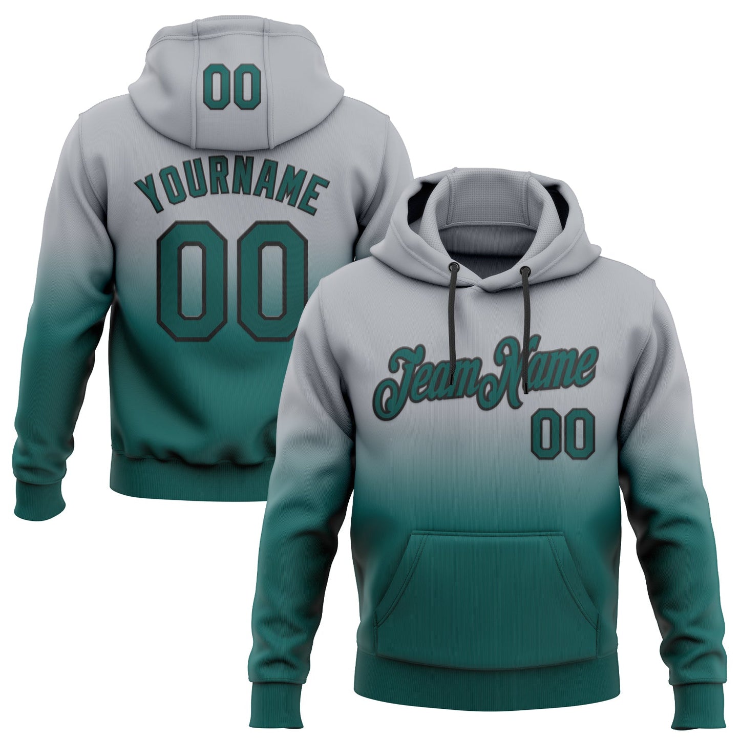Custom Stitched Gray Midnight Green-Black Fade Fashion Sports Pullover Sweatshirt Hoodie - Main View