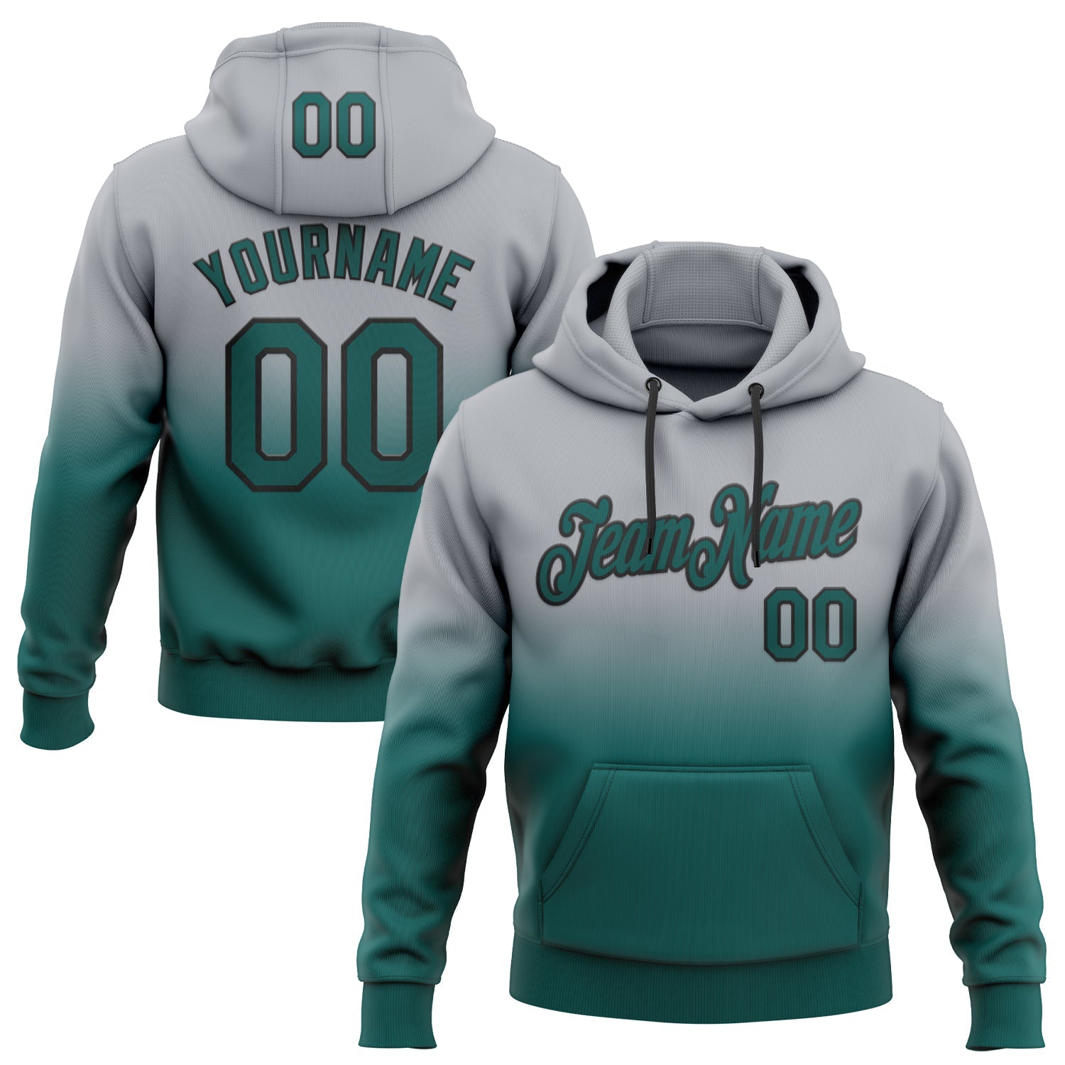 Custom Stitched Gray Midnight Green-Black Fade Fashion Sports Pullover Sweatshirt Hoodie - Main View