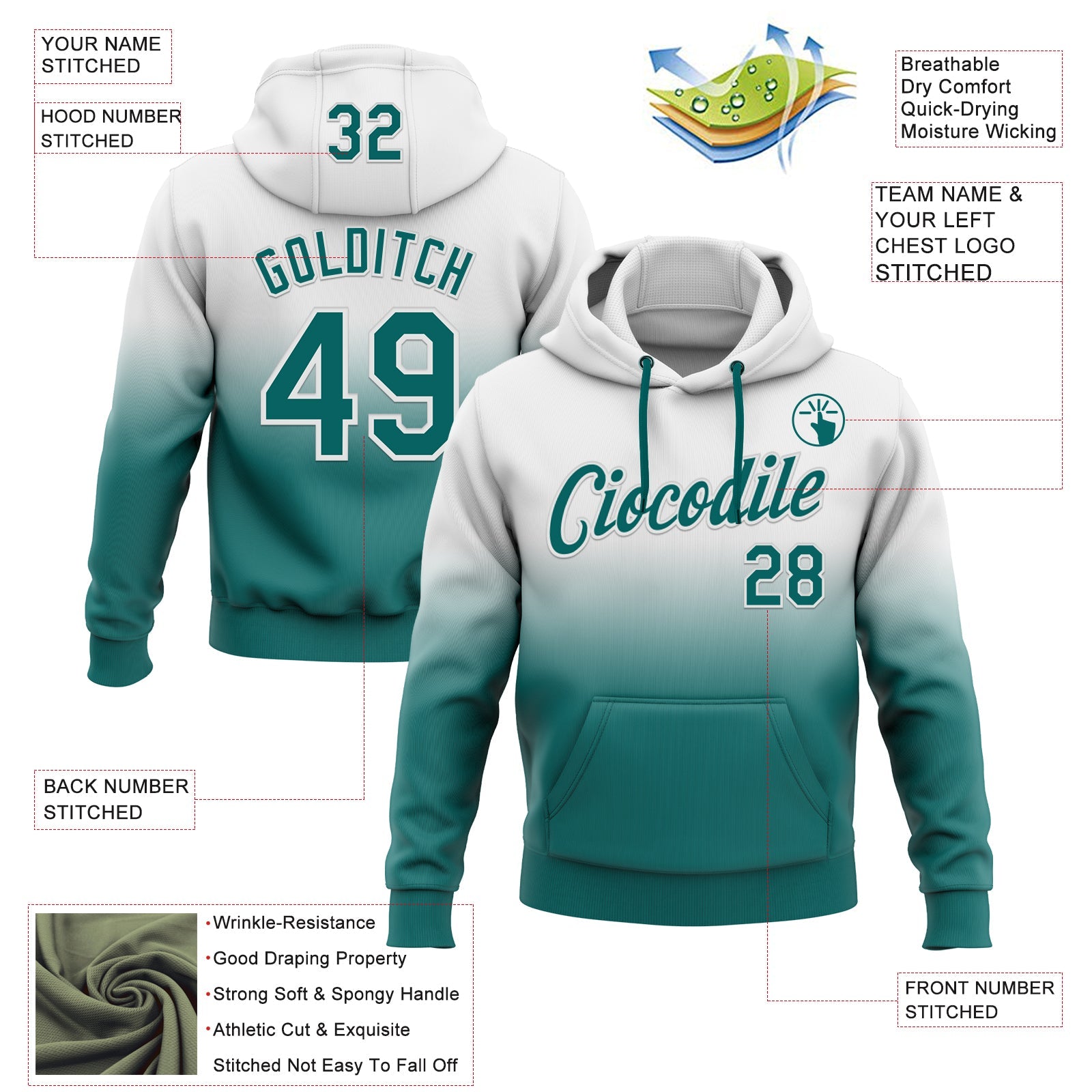 Custom Stitched White Teal Fade Fashion Sports Pullover Sweatshirt Hoodie view 2