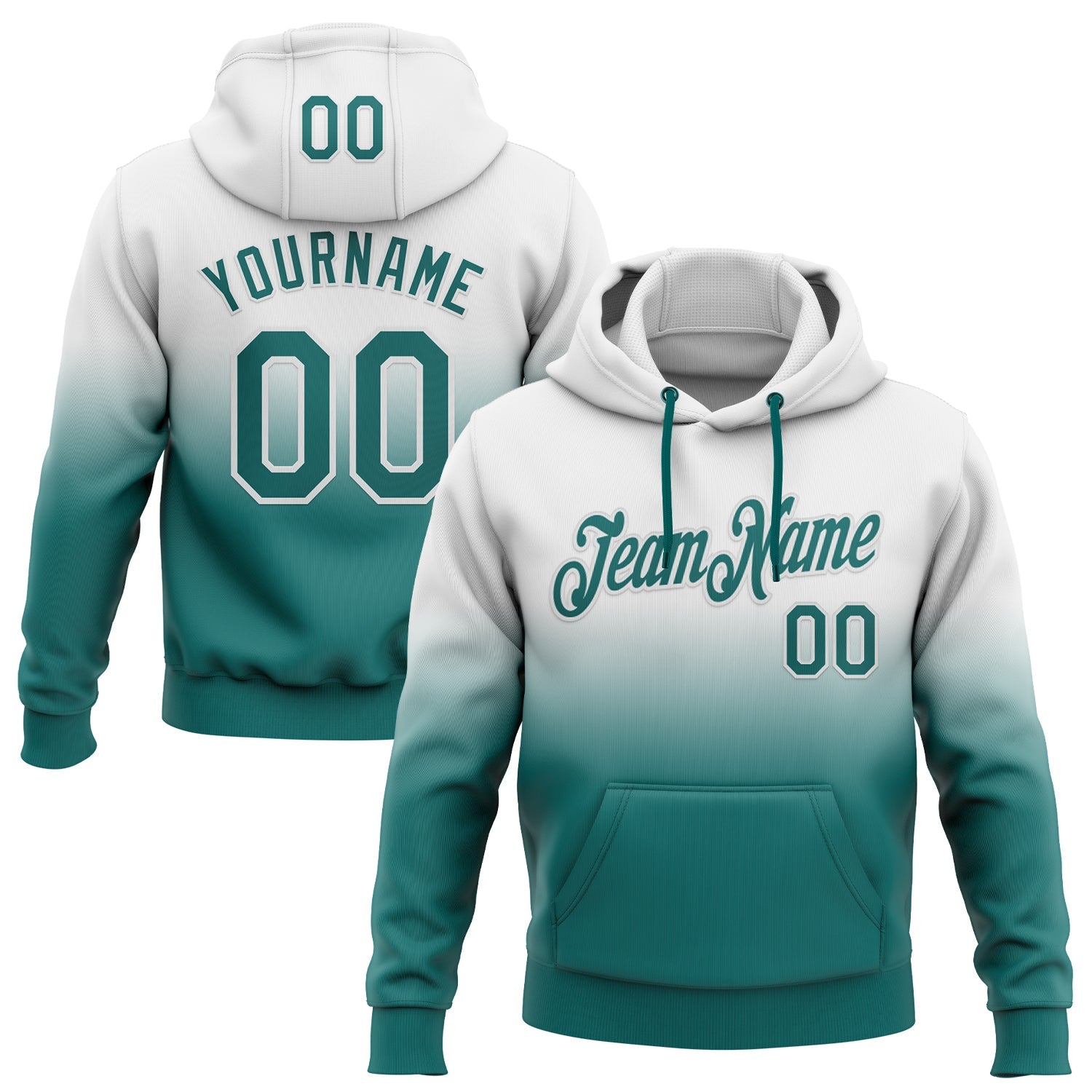 Custom Stitched White Teal Fade Fashion Sports Pullover Sweatshirt Hoodie - Main View