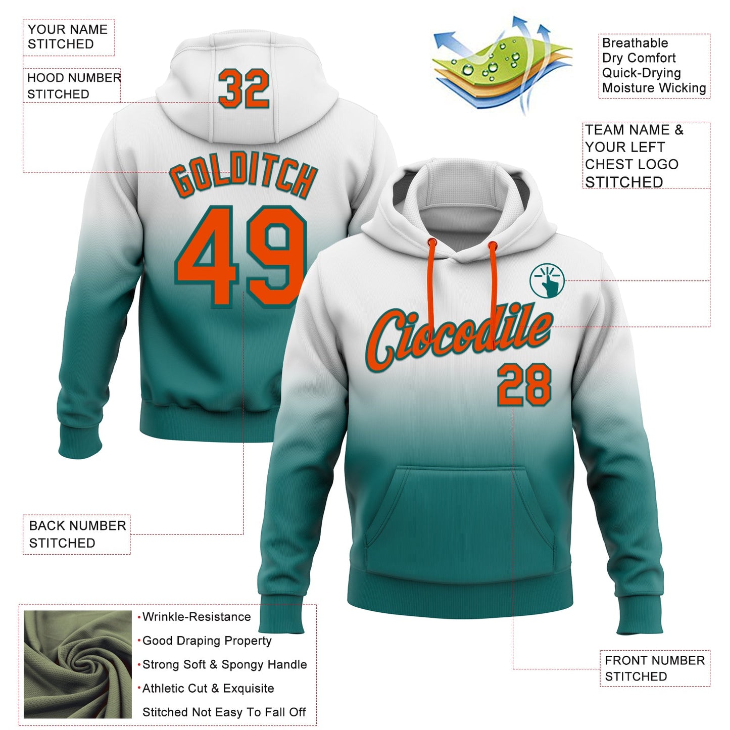 Custom Stitched White Orange-Teal Fade Fashion Sports Pullover Sweatshirt Hoodie view 2