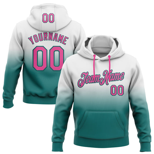 Custom Stitched White Pink-Teal Fade Fashion Sports Pullover Sweatshirt Hoodie - Main View