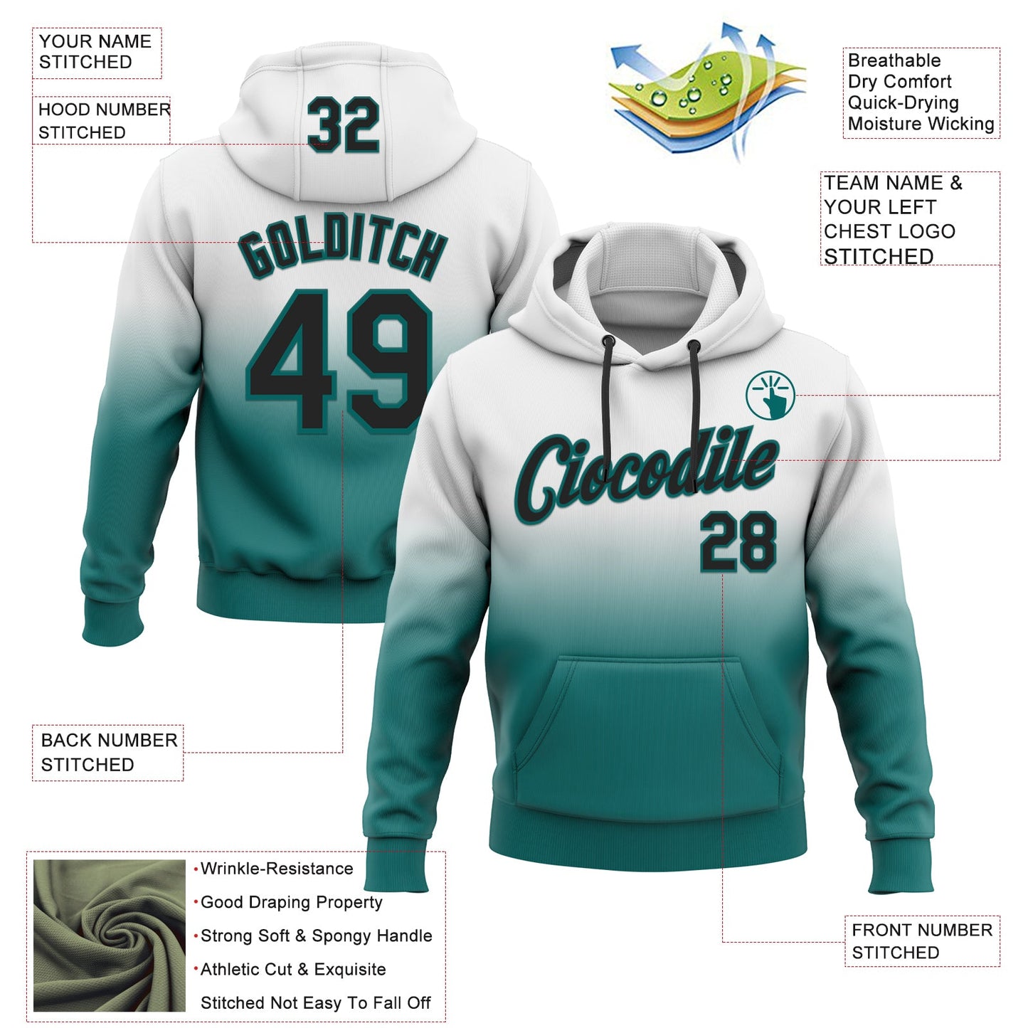 Custom Stitched White Black-Teal Fade Fashion Sports Pullover Sweatshirt Hoodie view 2