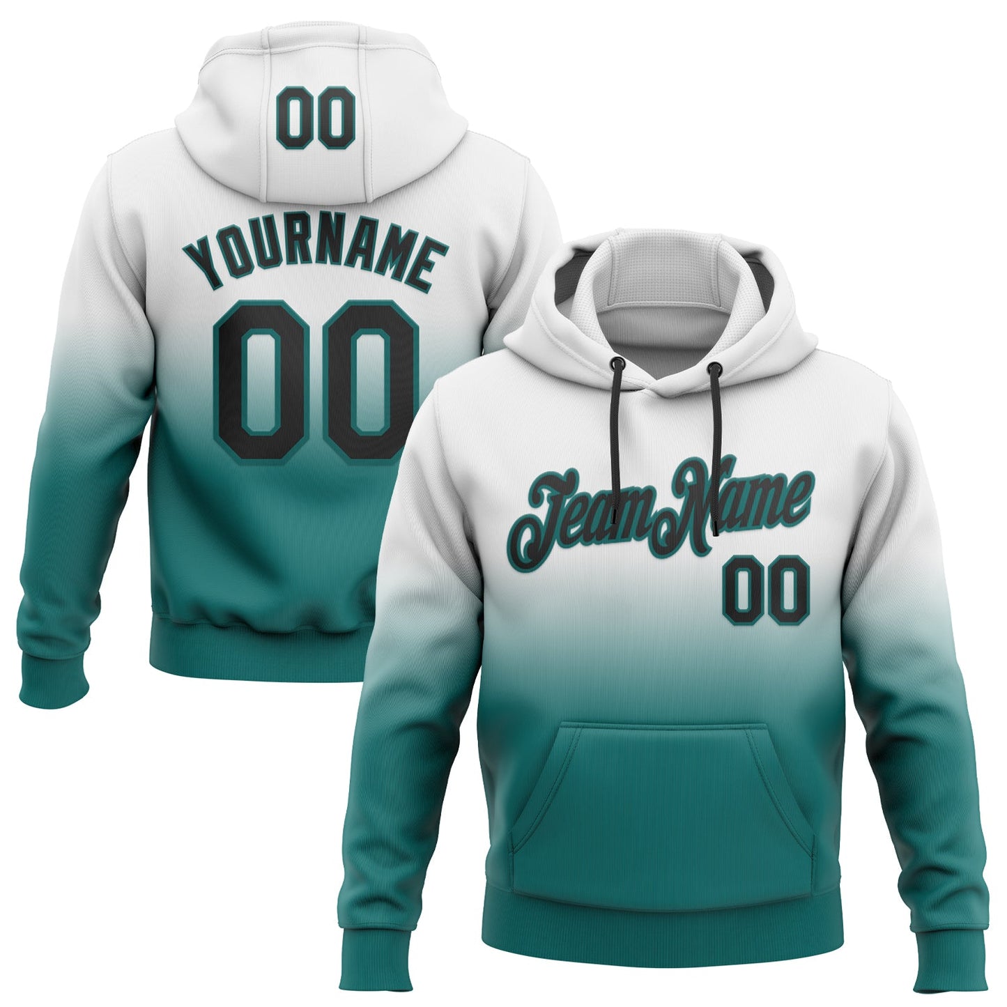 Custom Stitched White Black-Teal Fade Fashion Sports Pullover Sweatshirt Hoodie - Main View