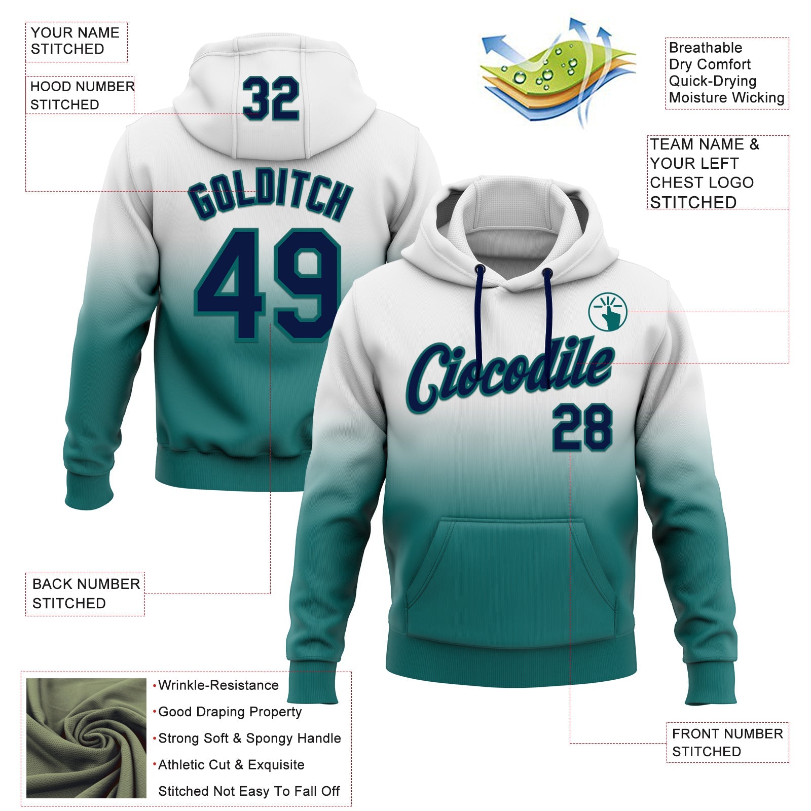 Custom Stitched White Navy-Teal Fade Fashion Sports Pullover Sweatshirt Hoodie view 2