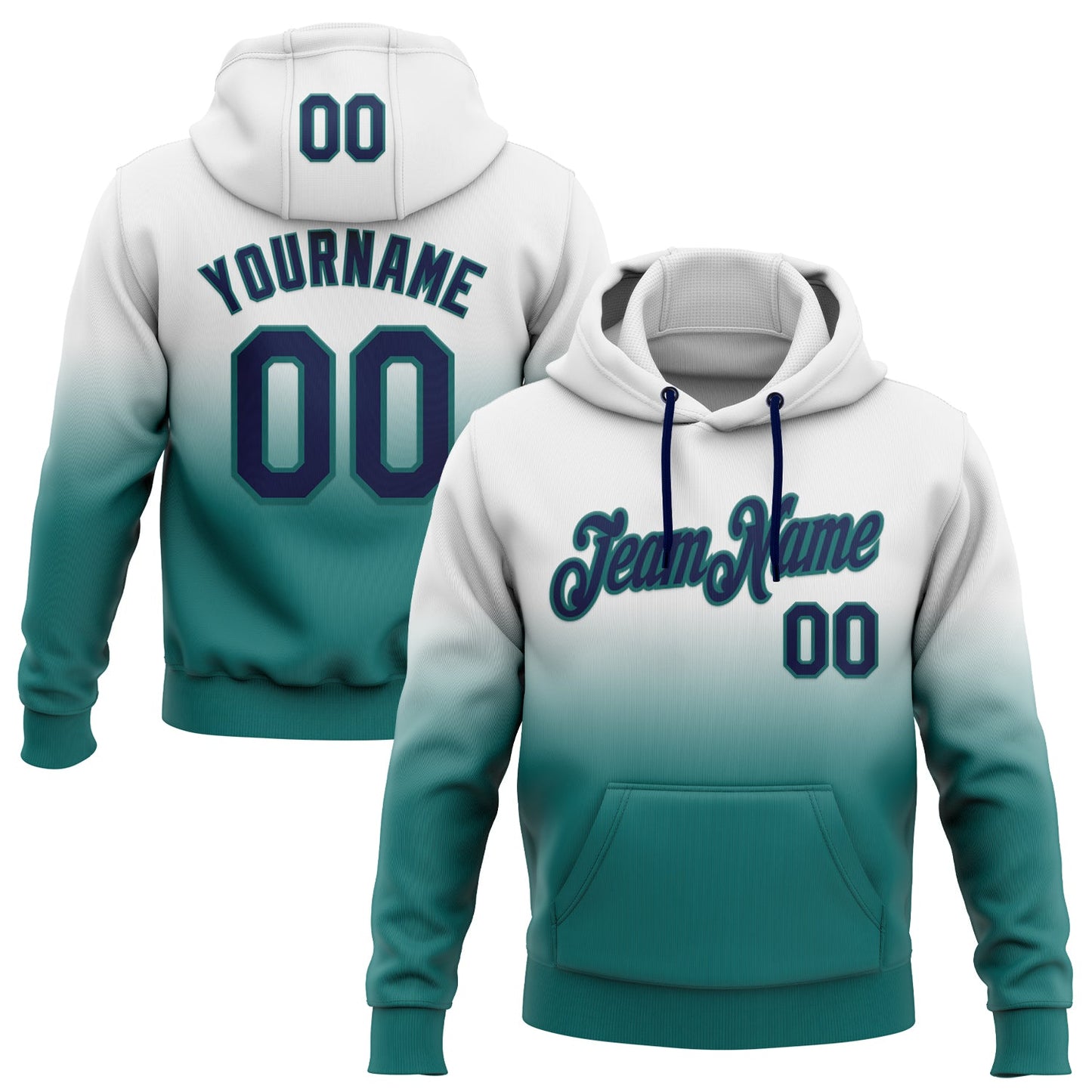 Custom Stitched White Navy-Teal Fade Fashion Sports Pullover Sweatshirt Hoodie - Main View