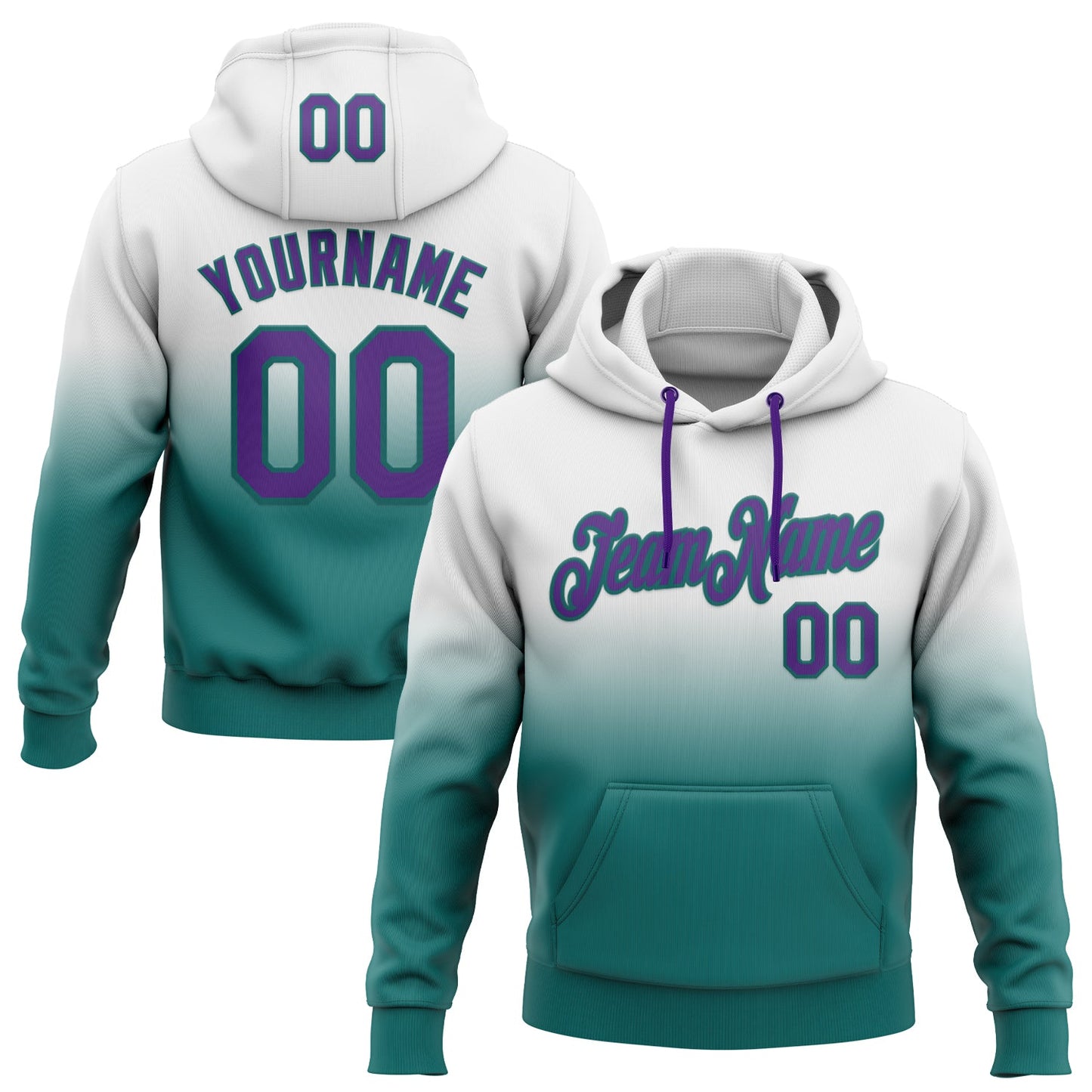 Custom Stitched White Purple-Teal Fade Fashion Sports Pullover Sweatshirt Hoodie - Main View