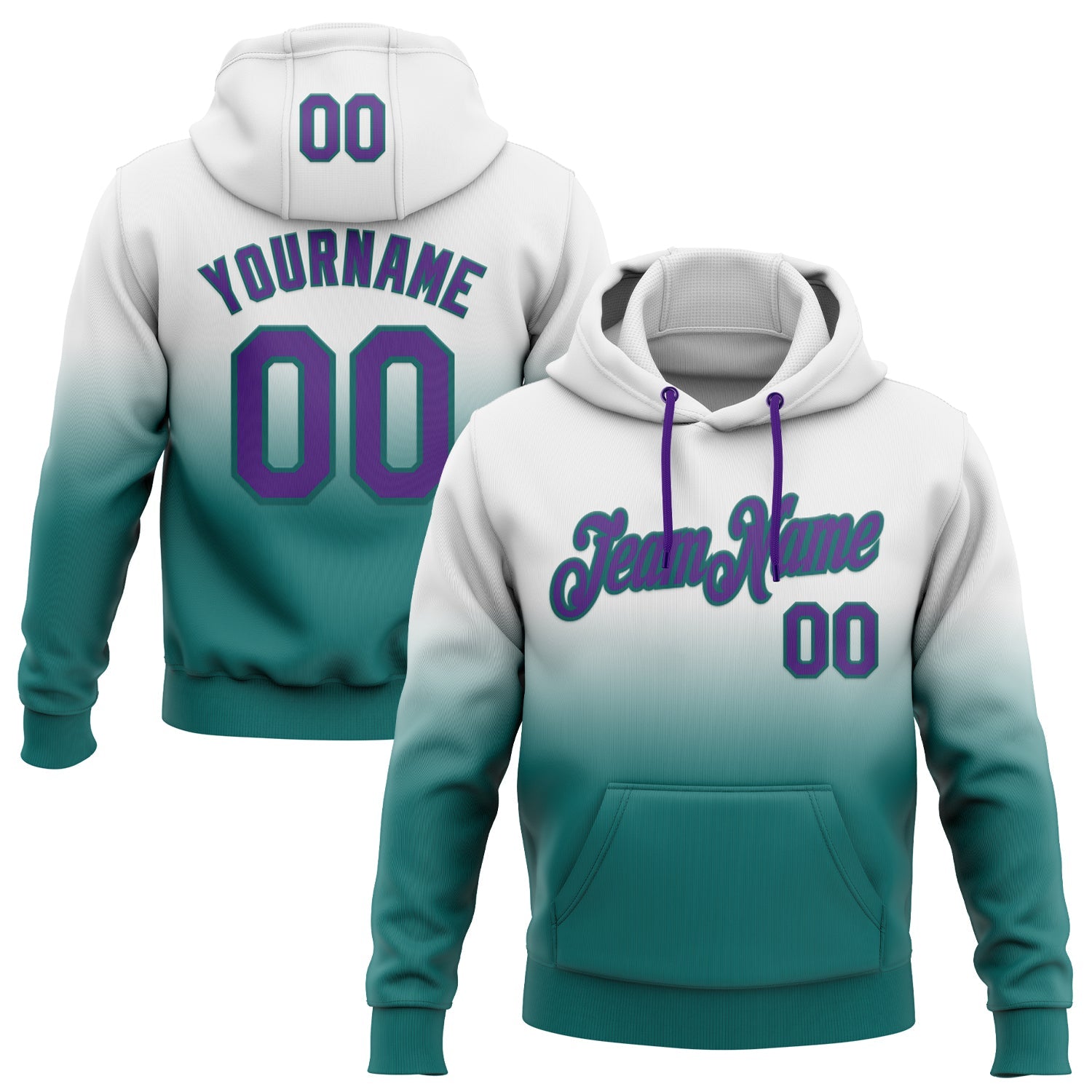 Custom Stitched White Purple-Teal Fade Fashion Sports Pullover Sweatshirt Hoodie - Main View