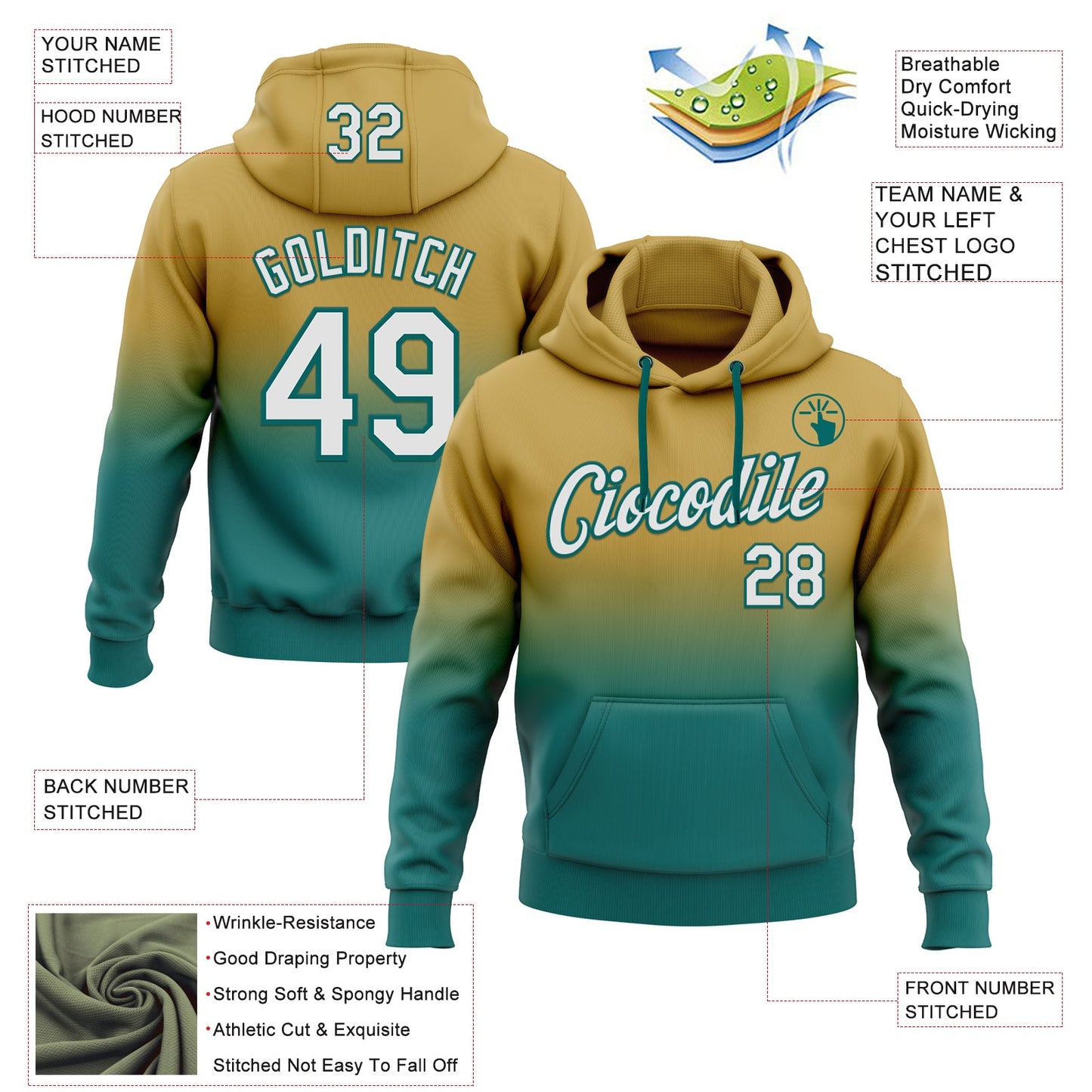 Custom Stitched Old Gold White-Teal Fade Fashion Sports Pullover Sweatshirt Hoodie view 2