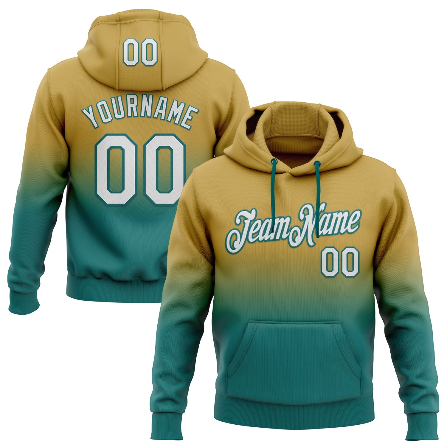 Custom Stitched Old Gold White-Teal Fade Fashion Sports Pullover Sweatshirt Hoodie - Main View