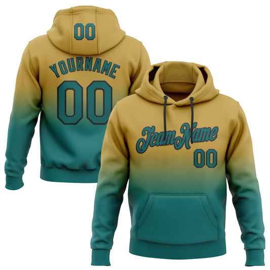Custom Stitched Old Gold Teal-Black Fade Fashion Sports Pullover Sweatshirt Hoodie - Main View