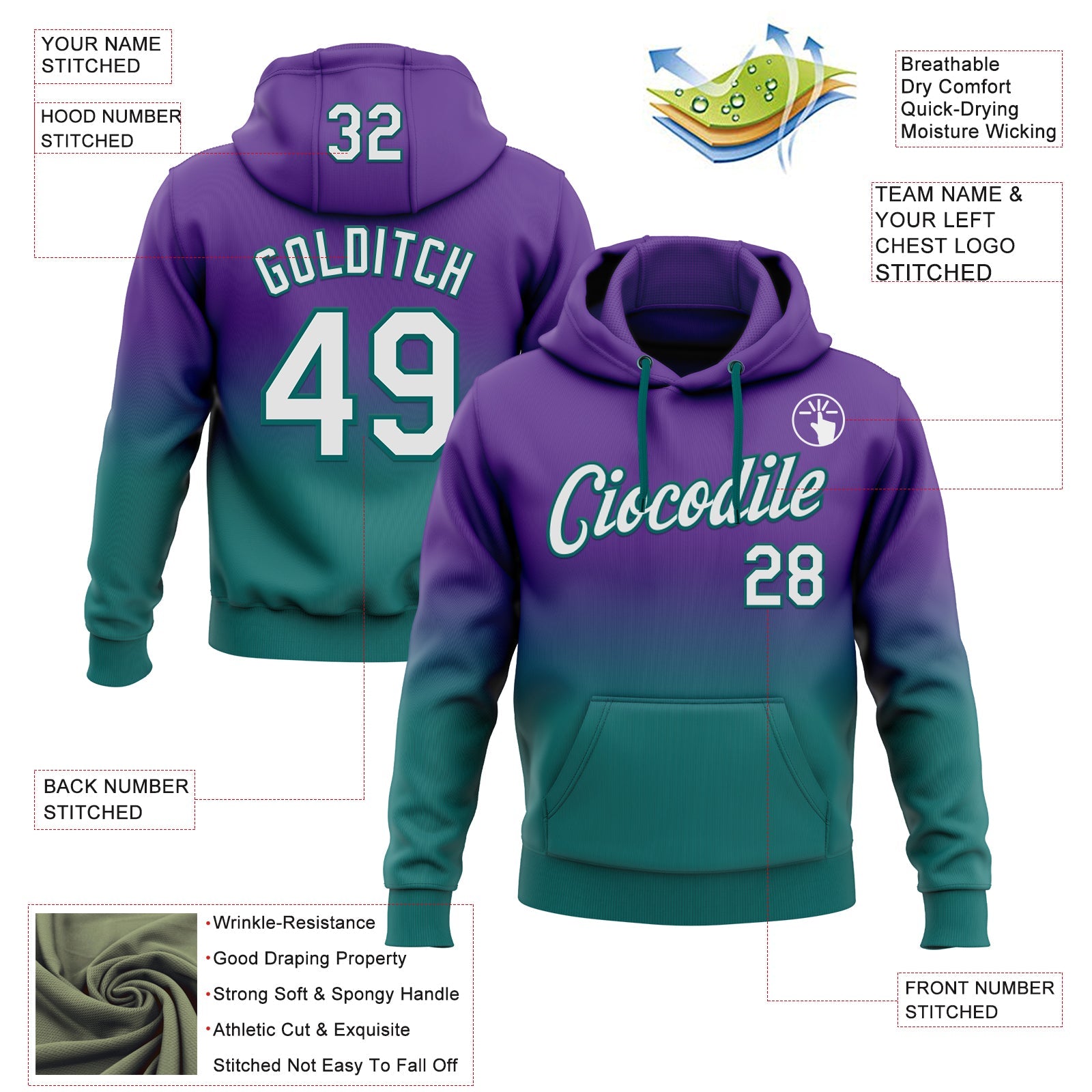 Custom Stitched Purple White-Teal Fade Fashion Sports Pullover Sweatshirt Hoodie view 2