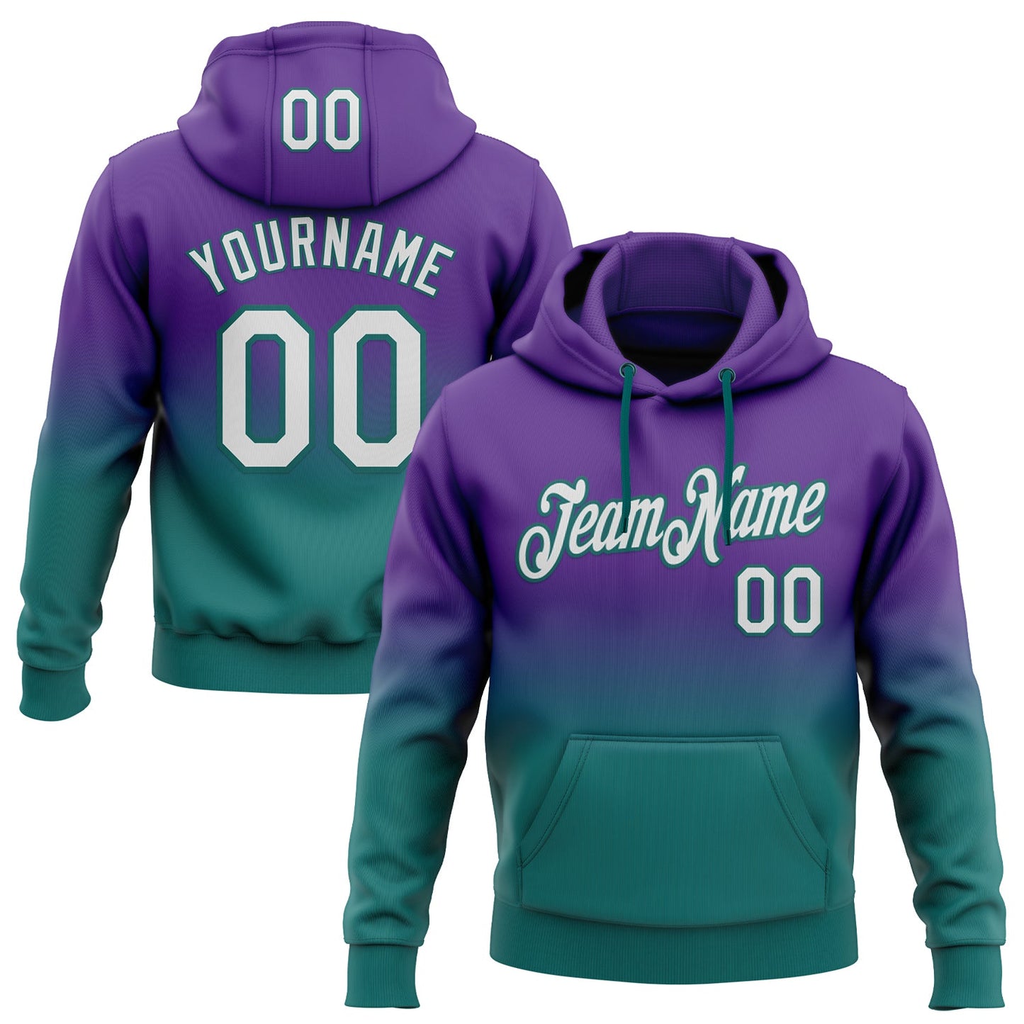 Custom Stitched Purple White-Teal Fade Fashion Sports Pullover Sweatshirt Hoodie - Main View