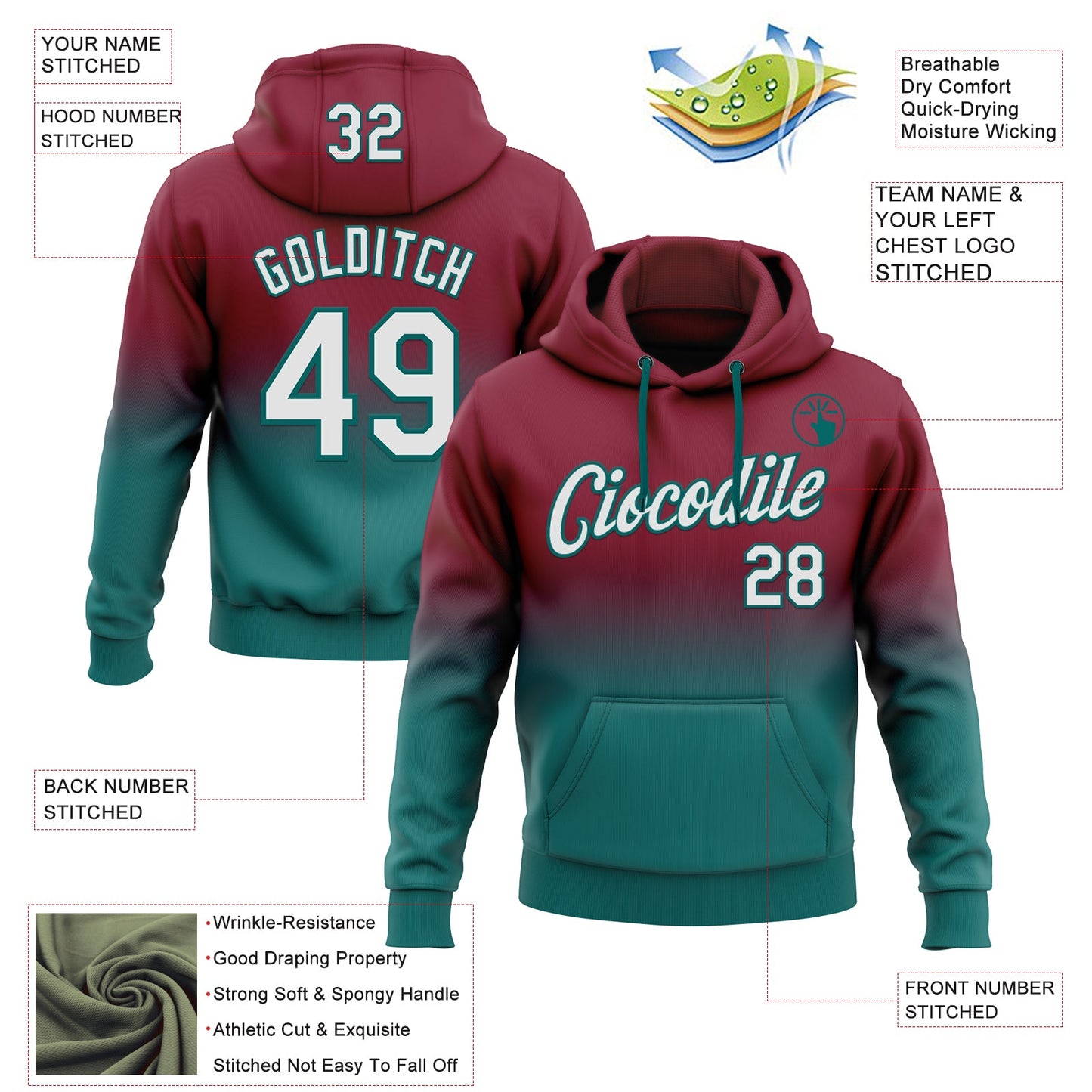 Custom Stitched Crimson White-Teal Fade Fashion Sports Pullover Sweatshirt Hoodie view 2