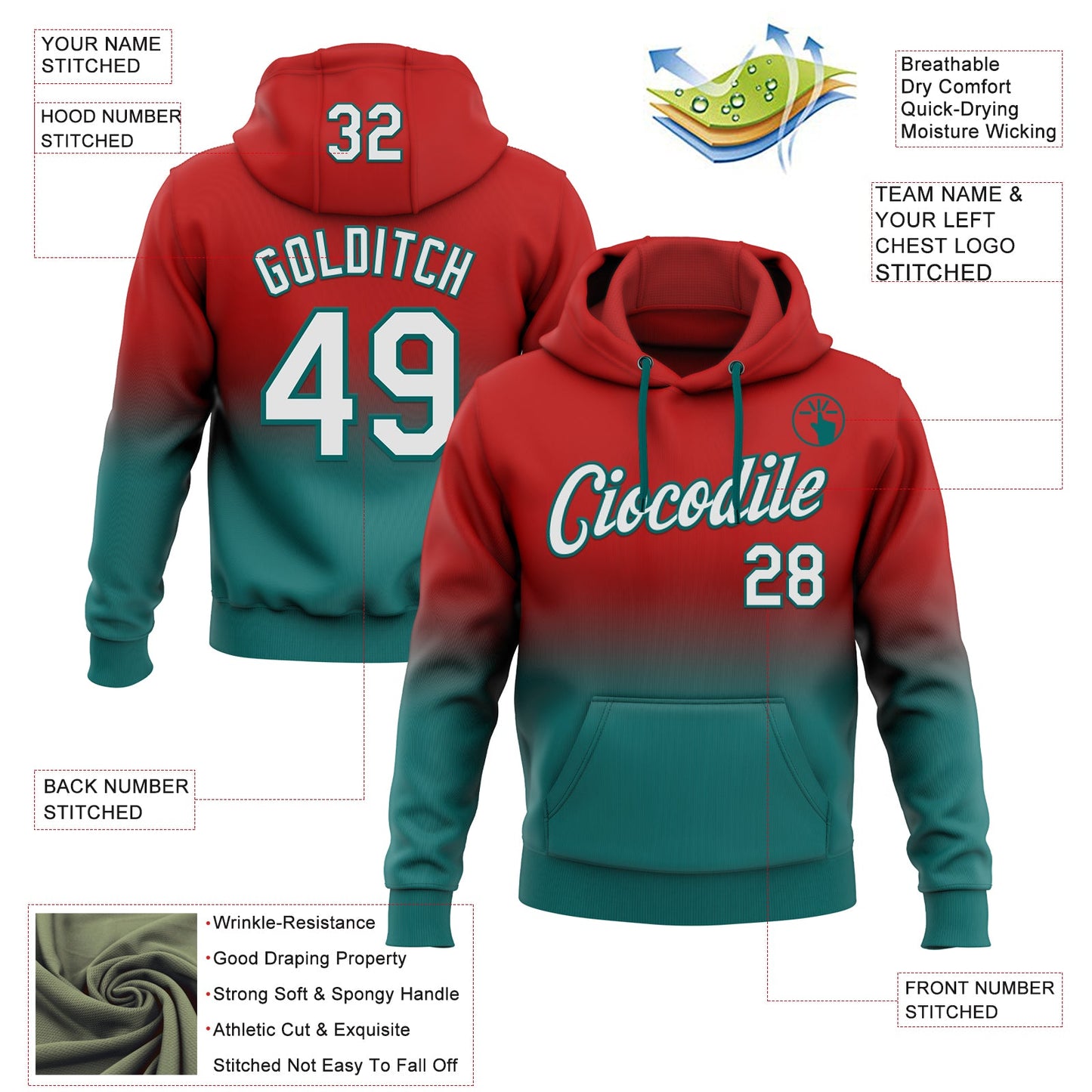 Custom Stitched Red White-Teal Fade Fashion Sports Pullover Sweatshirt Hoodie view 2